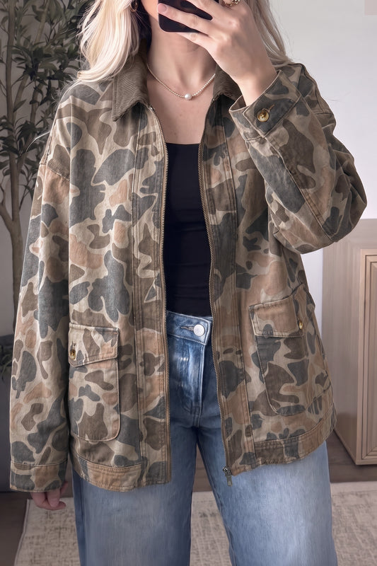 Multicolour Retro Camouflage Print Corduroy Contrast Collar Zip Denim Jacket-Outerwear/Denim jackets-[Adult]-[Female]-Multicolour-S-2022 Online Blue Zone Planet