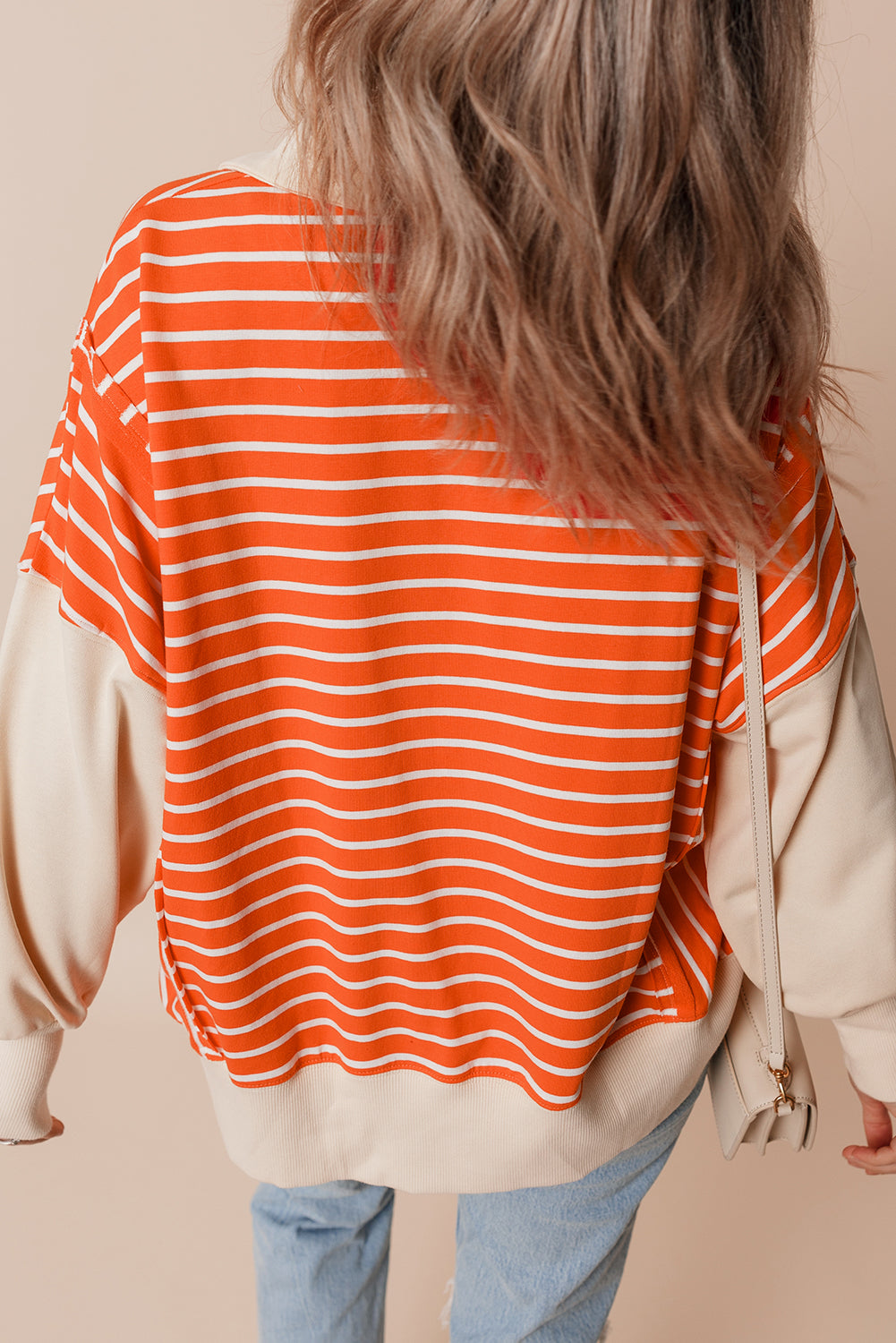 Orange Stripe Color Block Loose Fit Collared Drop Shoulder Sweatshirt-Tops/Sweatshirts & Hoodies-[Adult]-[Female]-2022 Online Blue Zone Planet