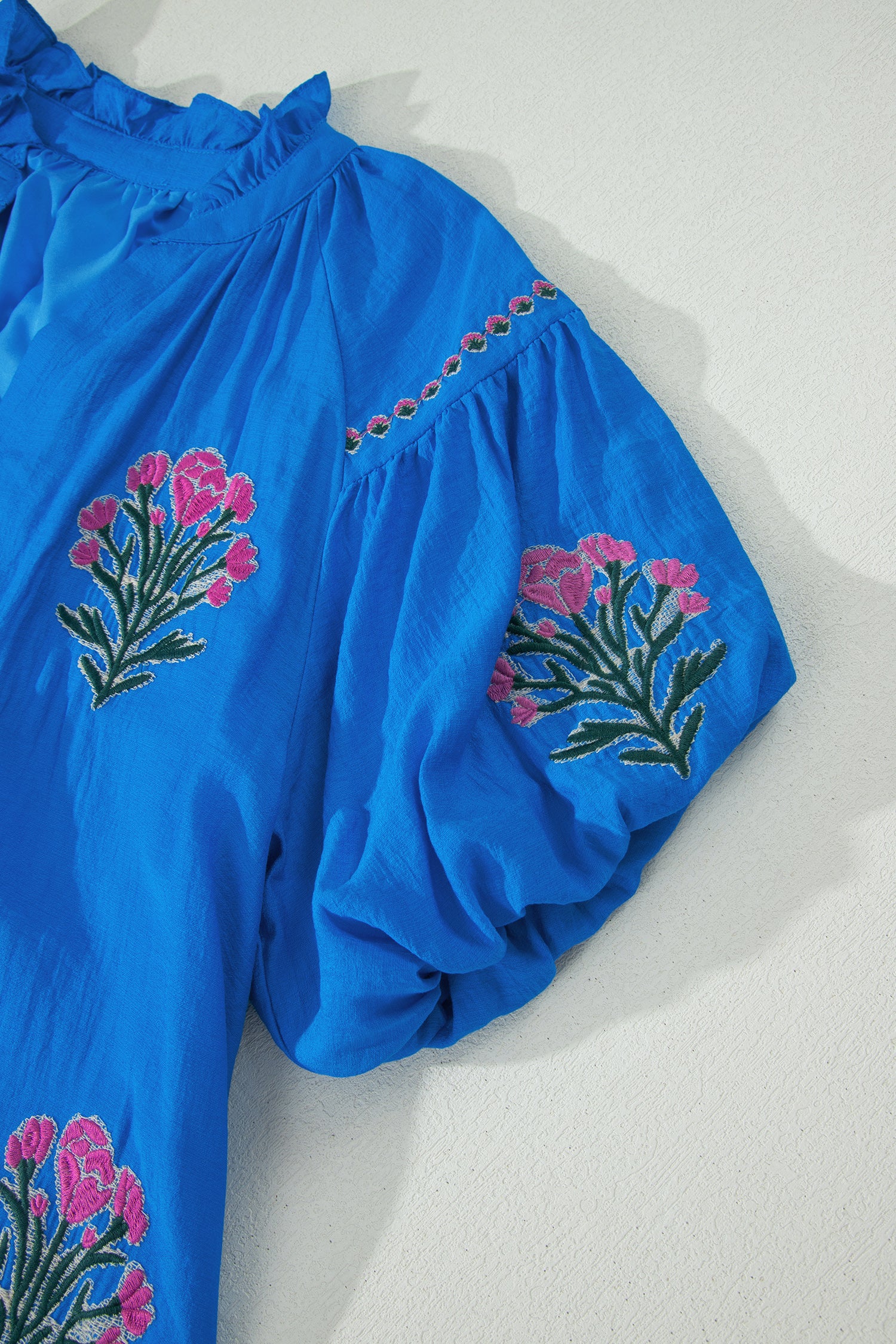Blue Flower Embroidered Split Neck Short Puff Sleeve Ruffle Hem Dress-TOPS / DRESSES-[Adult]-[Female]-2022 Online Blue Zone Planet