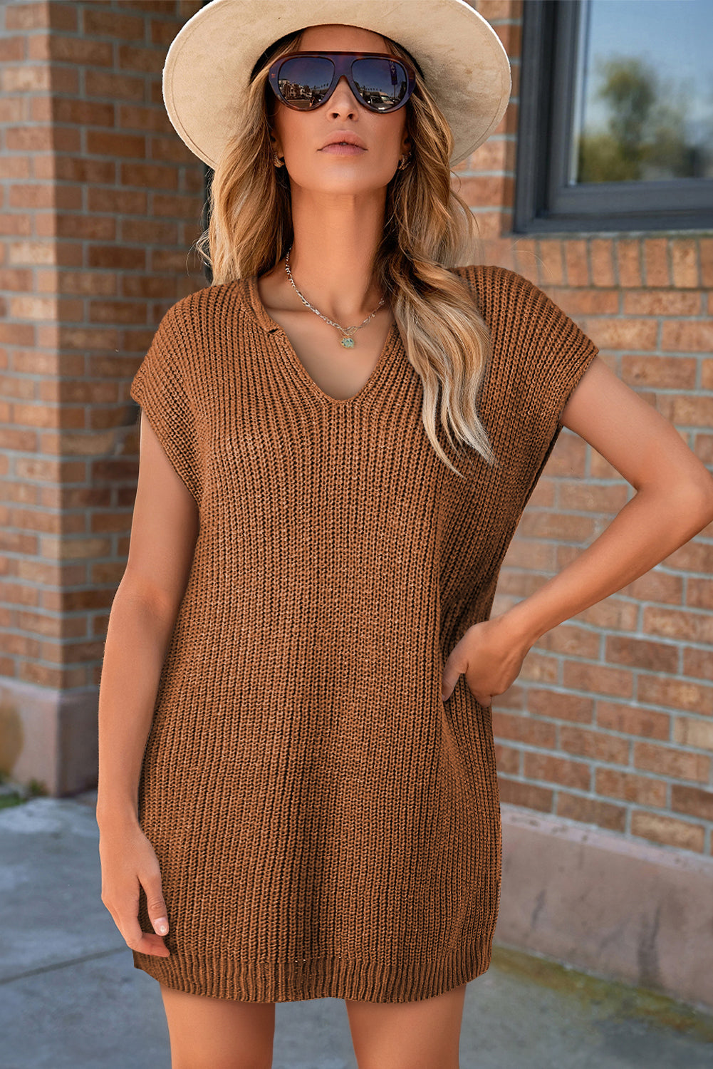 Camel Solid Color Short Sleeve Notched V Neck Sweater Dress-Dresses/Sweater Dresses-[Adult]-[Female]-2022 Online Blue Zone Planet