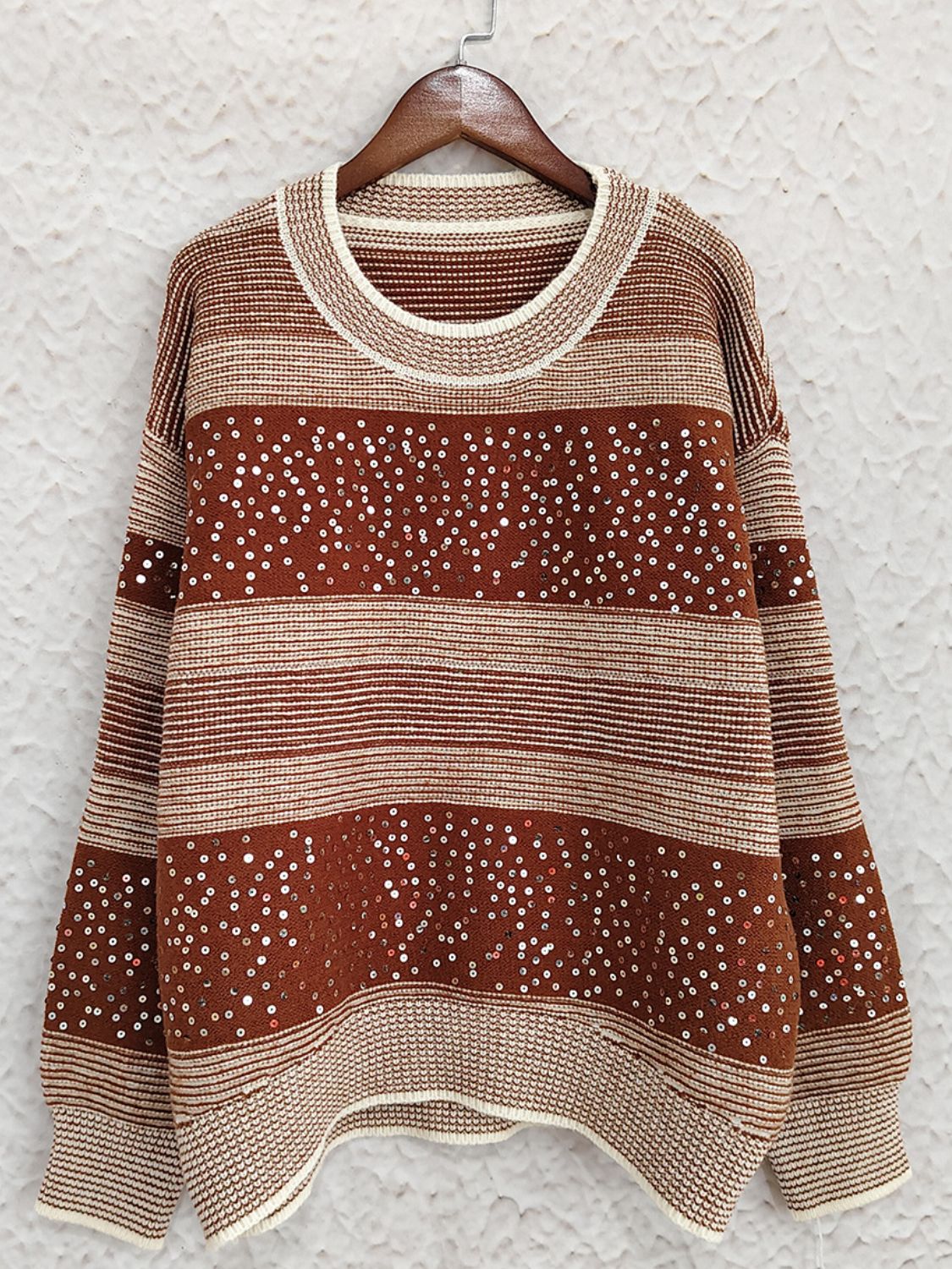 Sequin Color Block Round Neck Sweater-TOPS / DRESSES-[Adult]-[Female]-2022 Online Blue Zone Planet