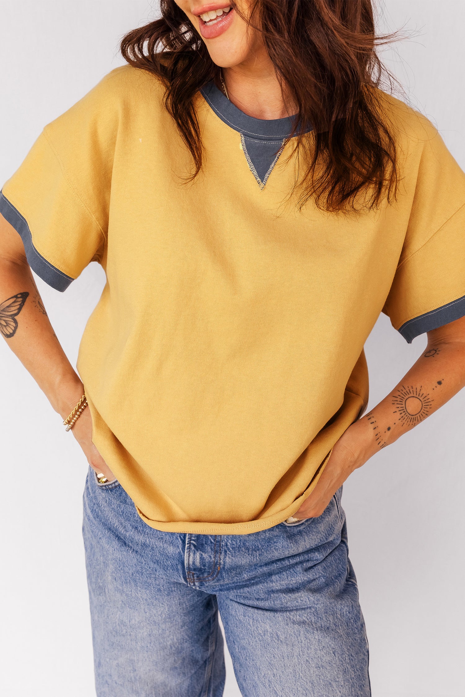Banana Cream Contrast Trim Raw Hemline Short Sleeve Loose Top-Tops/Tops & Tees-[Adult]-[Female]-2022 Online Blue Zone Planet