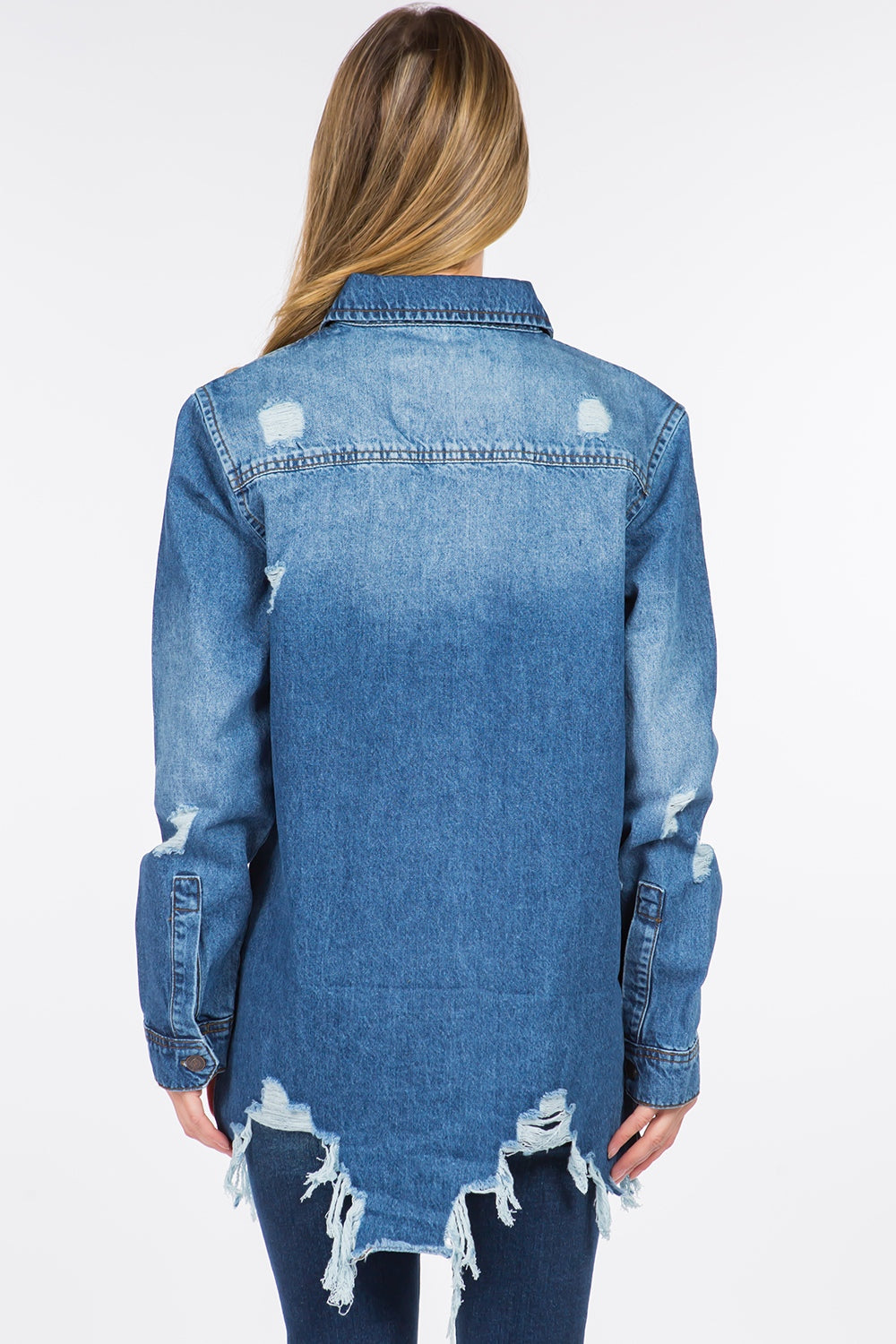 Blue Zone Planet | American Bazi Distressed Frayed Hem Denim Jacket-TOPS / DRESSES-[Adult]-[Female]-2022 Online Blue Zone Planet