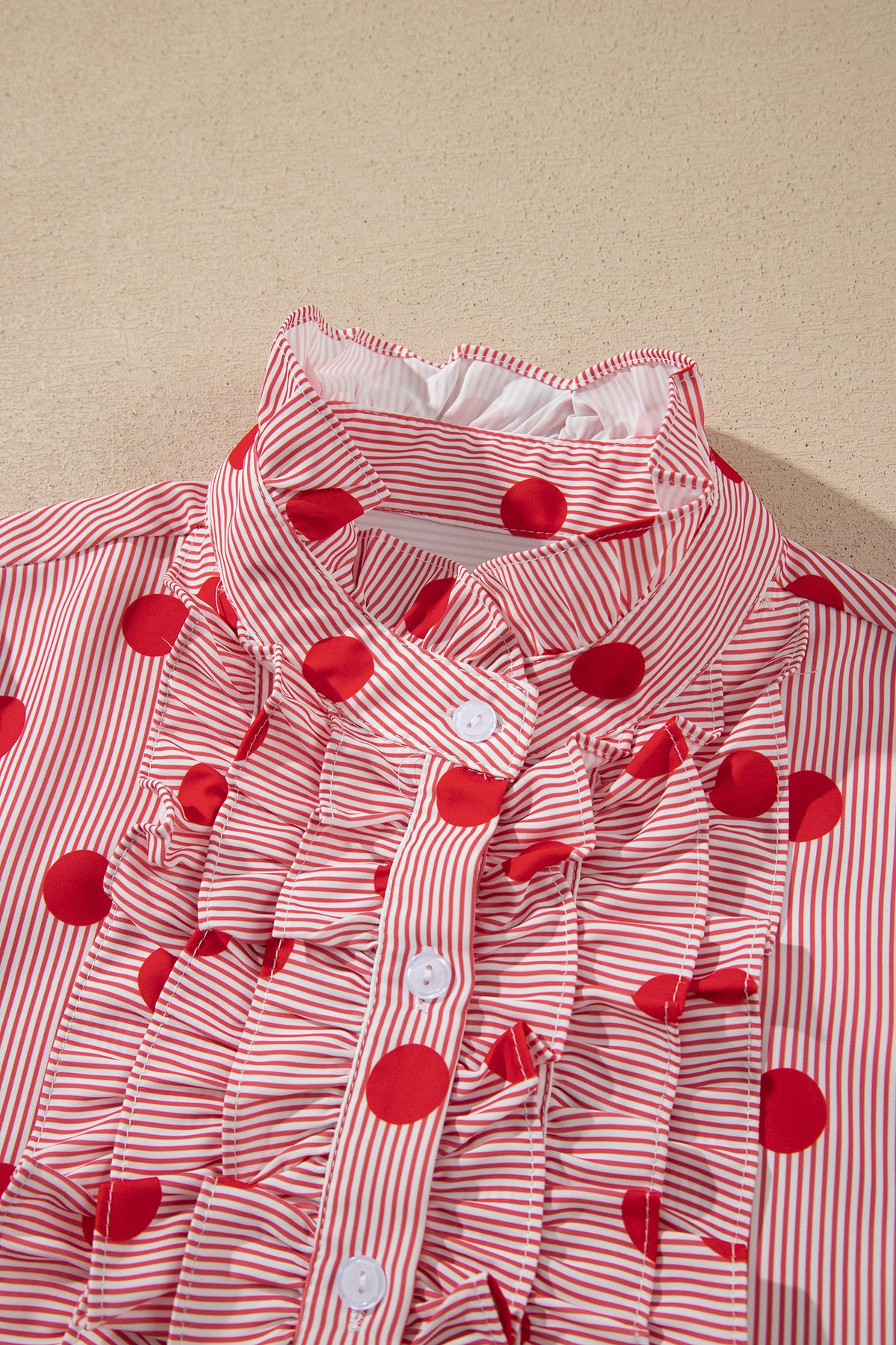 Fiery Red Polka Dot Striped Print Ruffle Stand Neck 3/4 Sleeve Shift Shirt-Tops/Blouses & Shirts-[Adult]-[Female]-2022 Online Blue Zone Planet