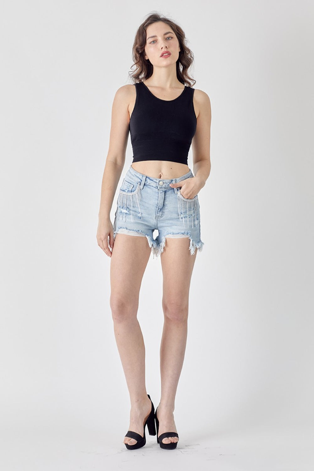 RISEN Frayed Hem Denim Shorts with Fringe Detail Pockets BLUE ZONE PLANET