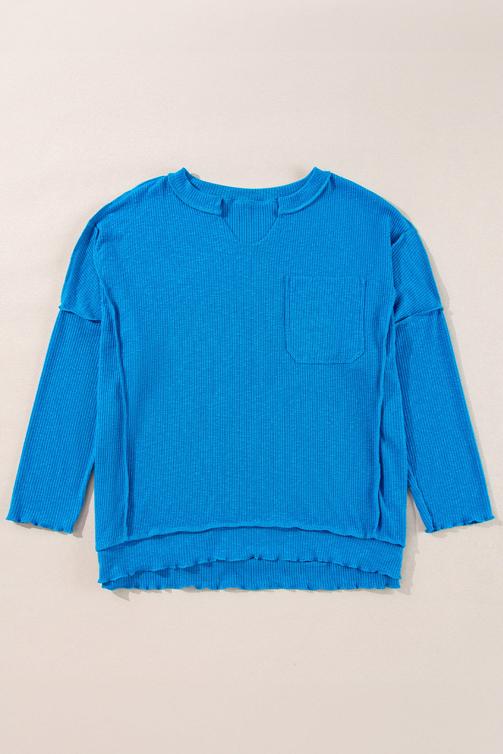 Blue Ribbed Exposed Seam Knit V Neck Long Sleeve Top-Tops/Long Sleeve Tops-[Adult]-[Female]-2022 Online Blue Zone Planet