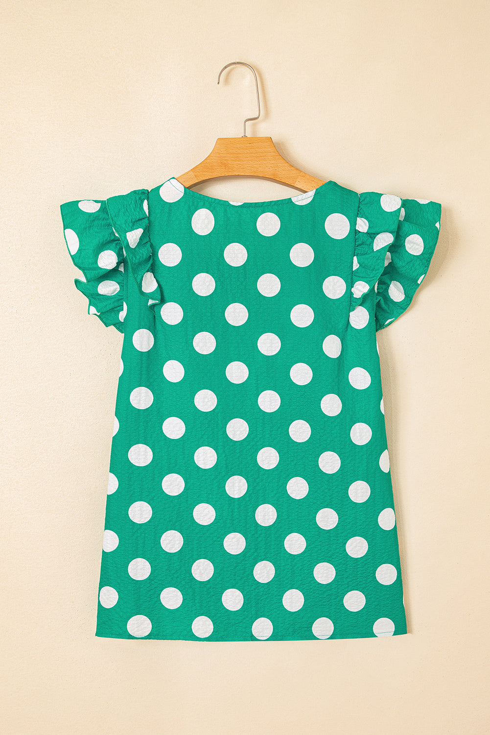 Green Polka Dot Print Ruffled Sleeve V Neck Blouse-Tops/Blouses & Shirts-[Adult]-[Female]-2022 Online Blue Zone Planet