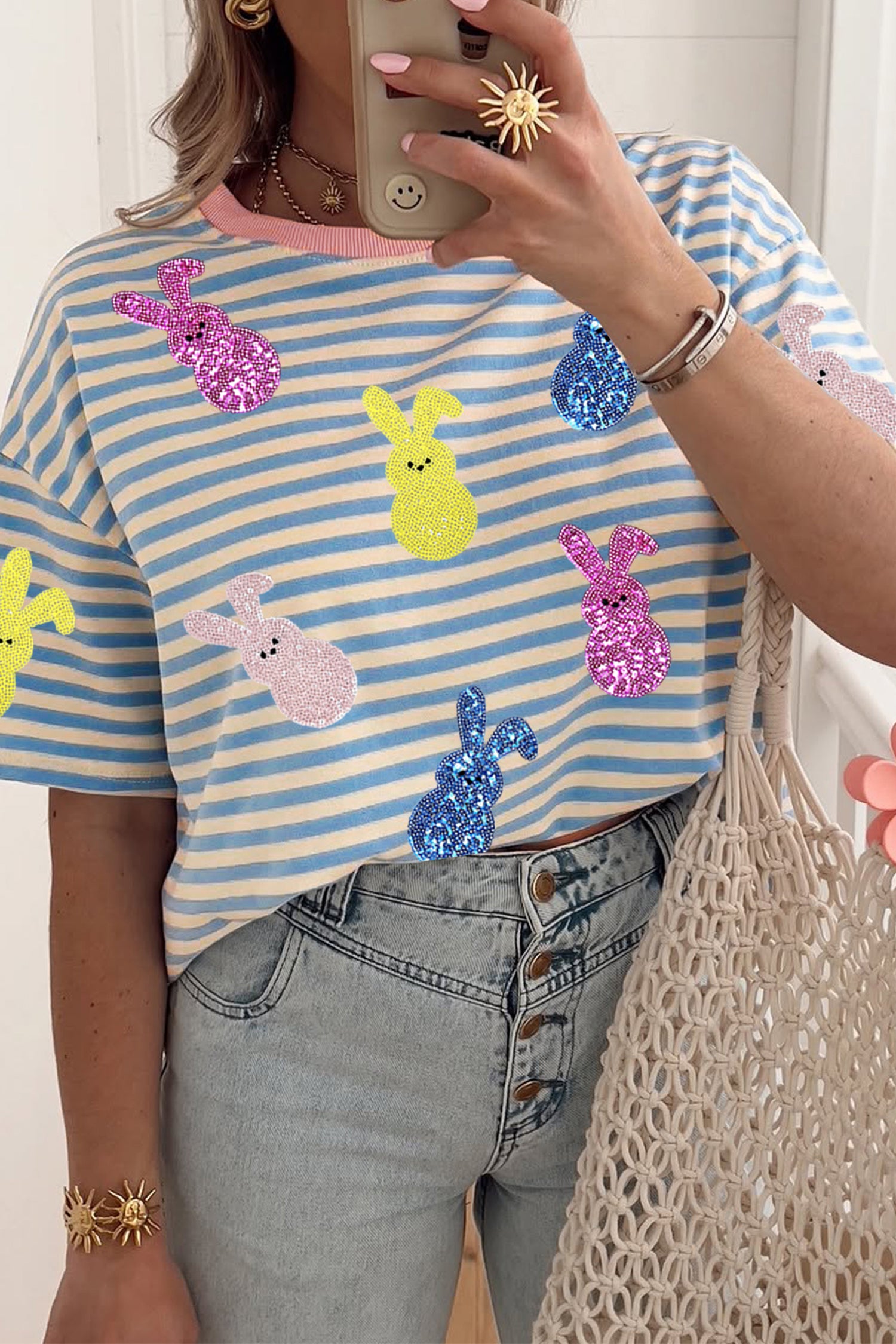 Sky Blue Stripe Sequin Easter Bunny Patched Drop Shoulder Tee-Graphic/Graphic Tees-[Adult]-[Female]-2022 Online Blue Zone Planet