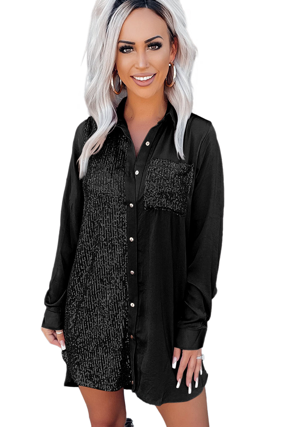 Blue Zone Planet | Black Sequin Splicing Pocket Buttoned Shirt Dress-TOPS / DRESSES-[Adult]-[Female]-2022 Online Blue Zone Planet