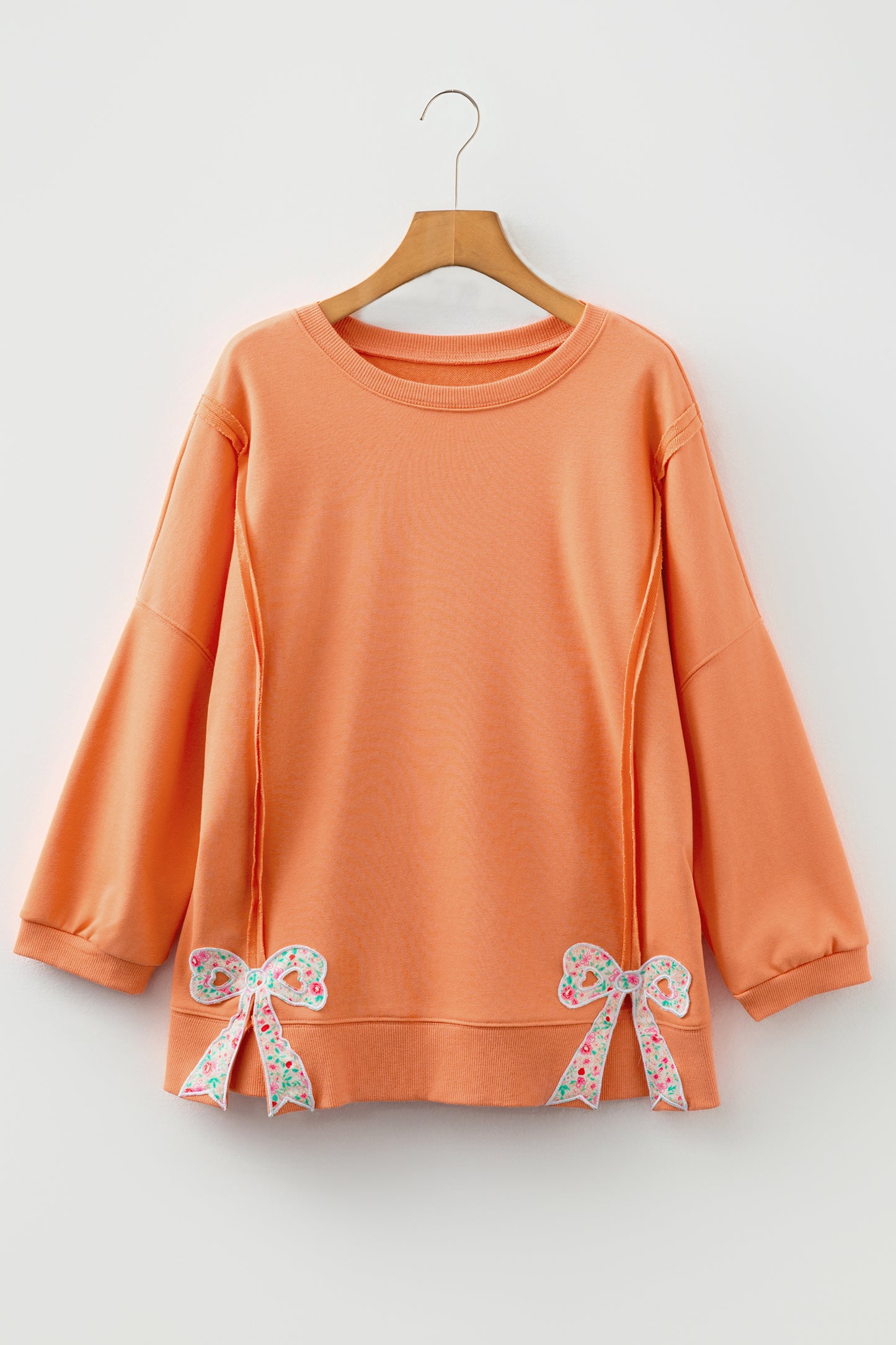 Grapefruit Orange Floral Bow Patched Exposed Seam Patchwork Slit Baggy Sweatshirt-Tops/Sweatshirts & Hoodies-[Adult]-[Female]-2022 Online Blue Zone Planet