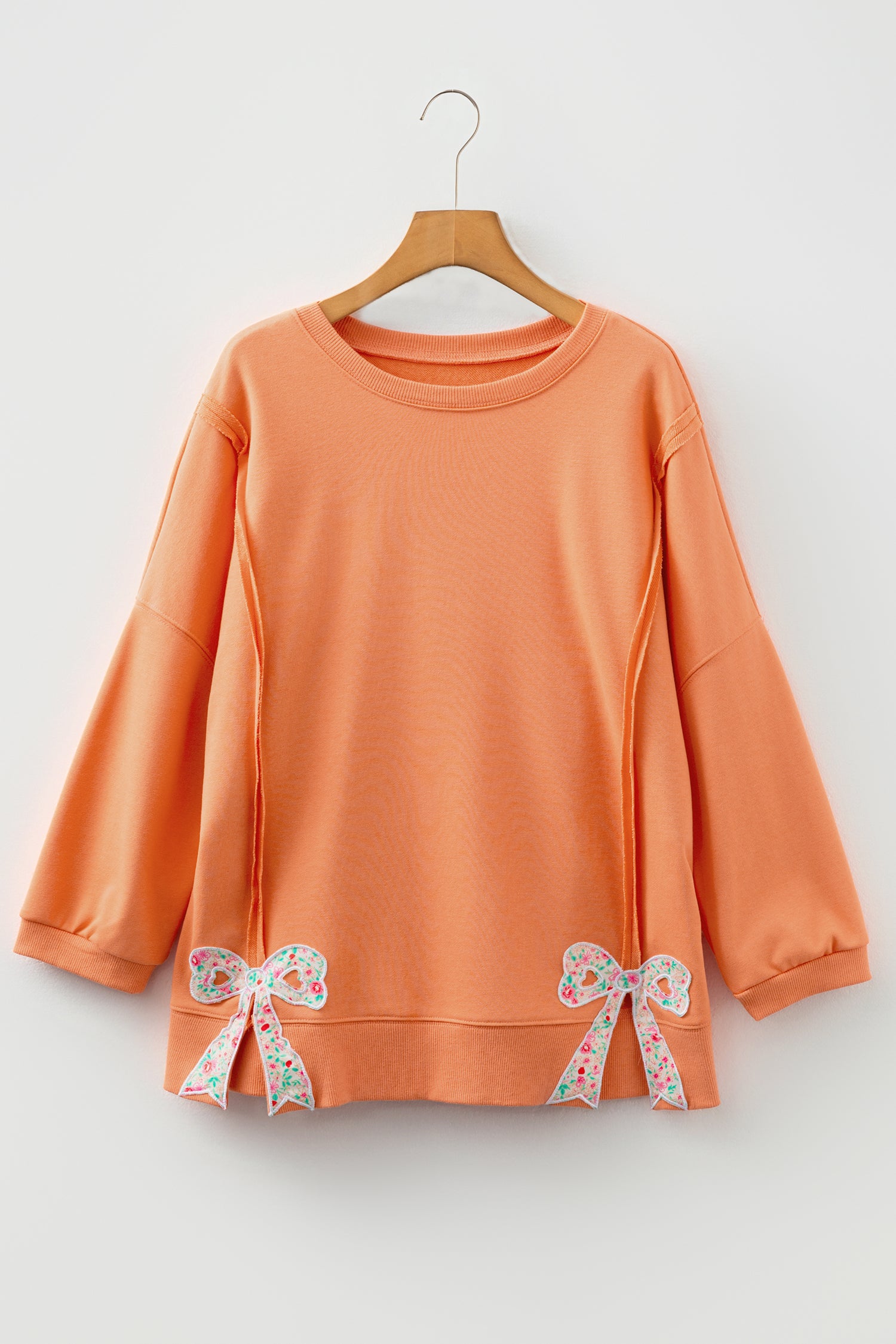 Grapefruit Orange Floral Bow Patched Exposed Seam Patchwork Slit Baggy Sweatshirt-Tops/Sweatshirts & Hoodies-[Adult]-[Female]-2022 Online Blue Zone Planet