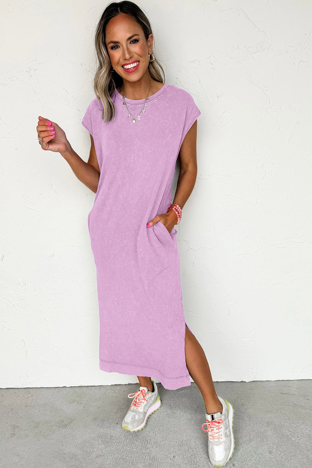 Wisteria Mineral Wash Pocketed T-shirt Dress-Midi Dresses-[Adult]-[Female]-2022 Online Blue Zone Planet