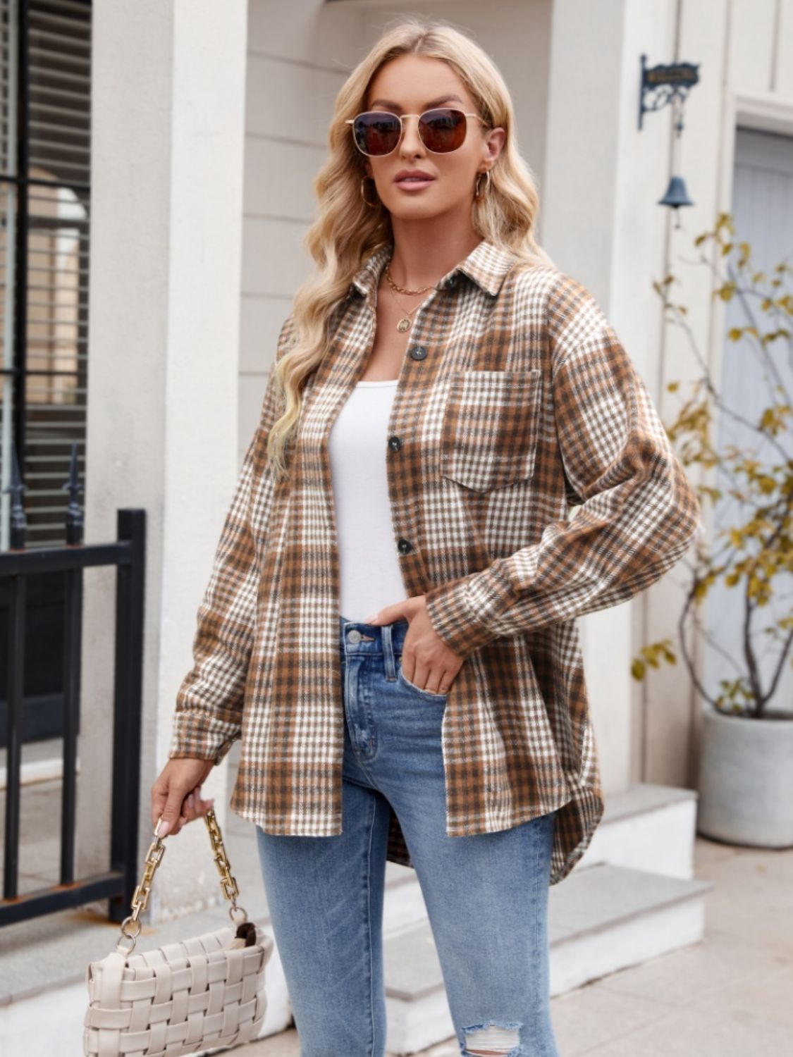 Mandy Pocketed Plaid Collared Neck Long Sleeve Shirt-TOPS / DRESSES-[Adult]-[Female]-2022 Online Blue Zone Planet