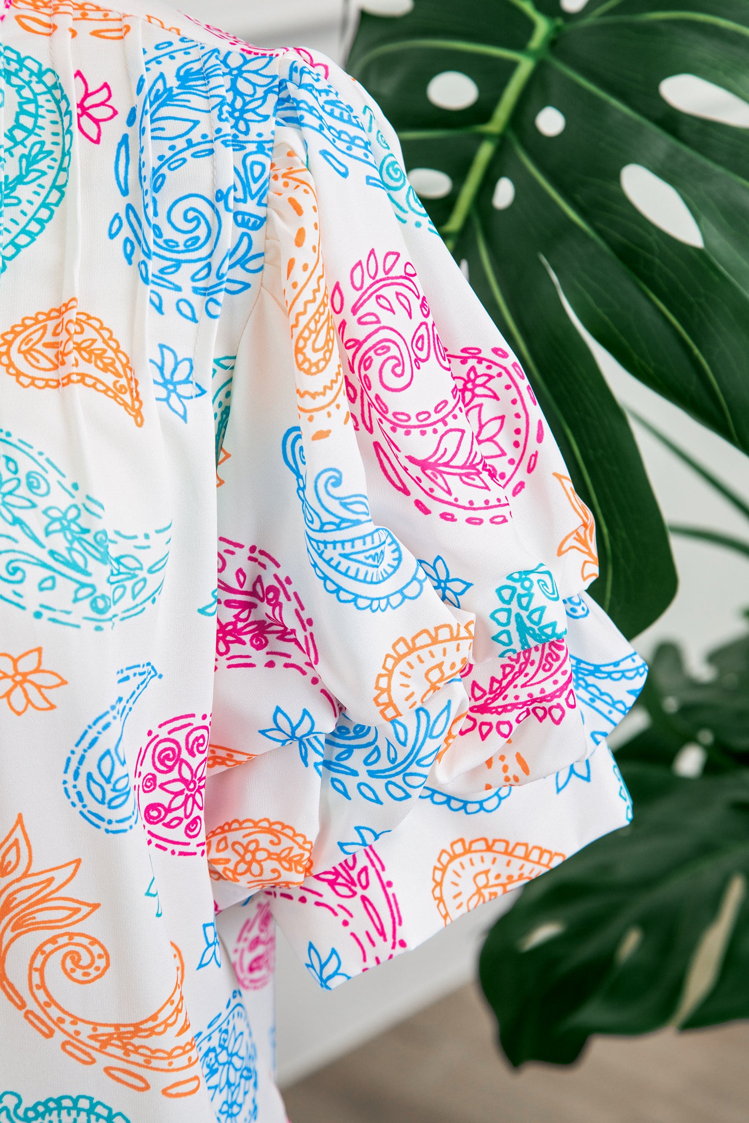 Multicolour Vibrant Paisley Printed Button Keyhole Puff Sleeve Blouse-Tops/Blouses & Shirts-[Adult]-[Female]-2022 Online Blue Zone Planet