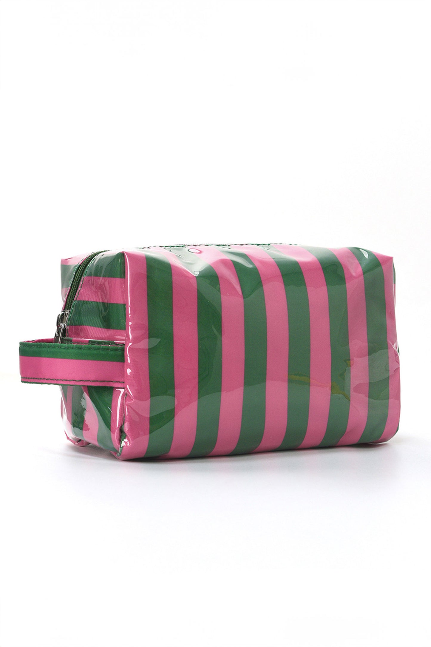 Light Pink PVC Striped Cosmetic Bag Durable Zipper Handle Travel Organizer