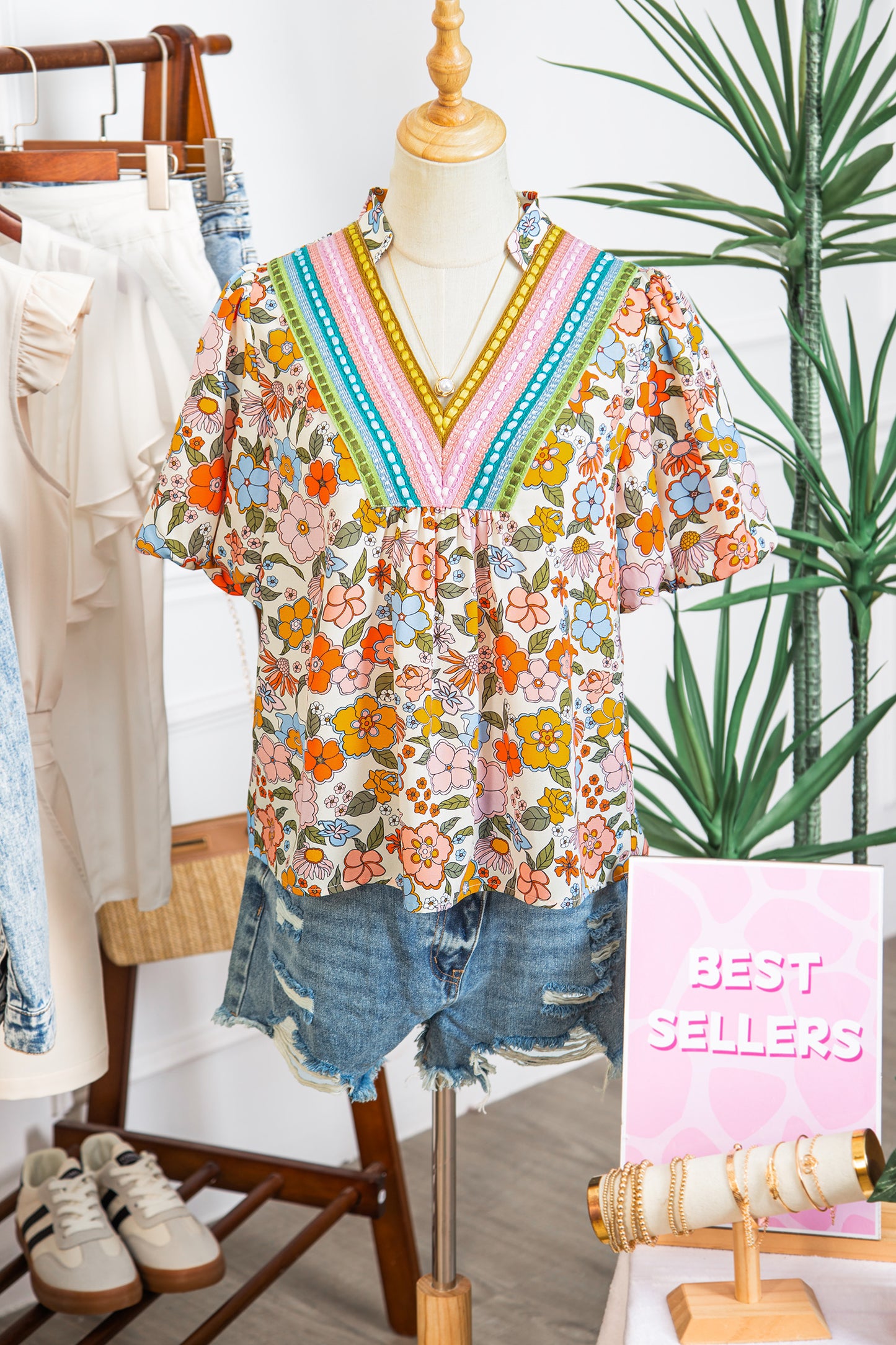 Multicolour Crochet V Neckline Puff Sleeve Boho Flower Blouse-Tops/Blouses & Shirts-[Adult]-[Female]-2022 Online Blue Zone Planet