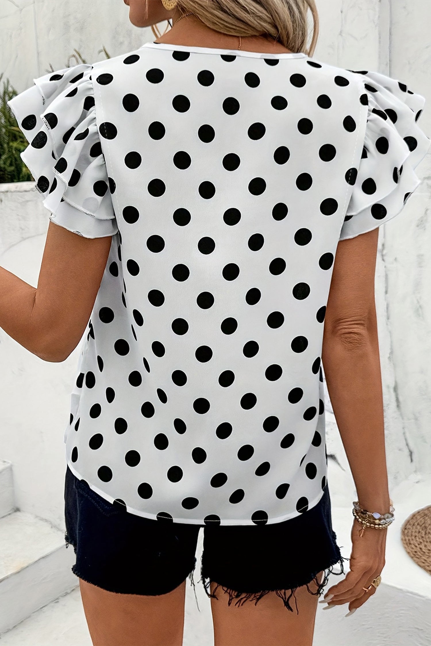 White Polka Dot Print Ruffled Short Sleeve Blouse-Tops/Blouses & Shirts-[Adult]-[Female]-2022 Online Blue Zone Planet