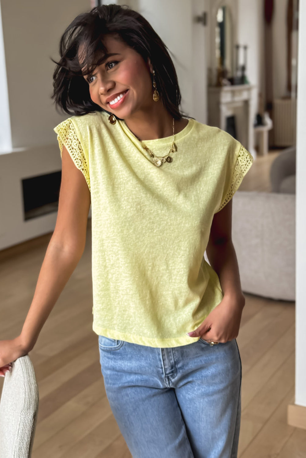 Yellow Cream Lace Patchwork Cap Sleeve Round Neck T Shirt-Tops/Tops & Tees-[Adult]-[Female]-2022 Online Blue Zone Planet