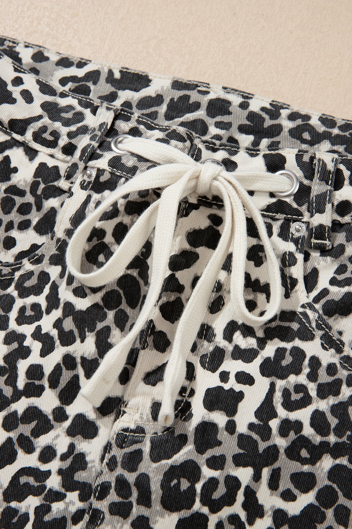 Khaki Leopard Print Drawstring Waist Straight Leg Jeans-Bottoms/Jeans-[Adult]-[Female]-2022 Online Blue Zone Planet