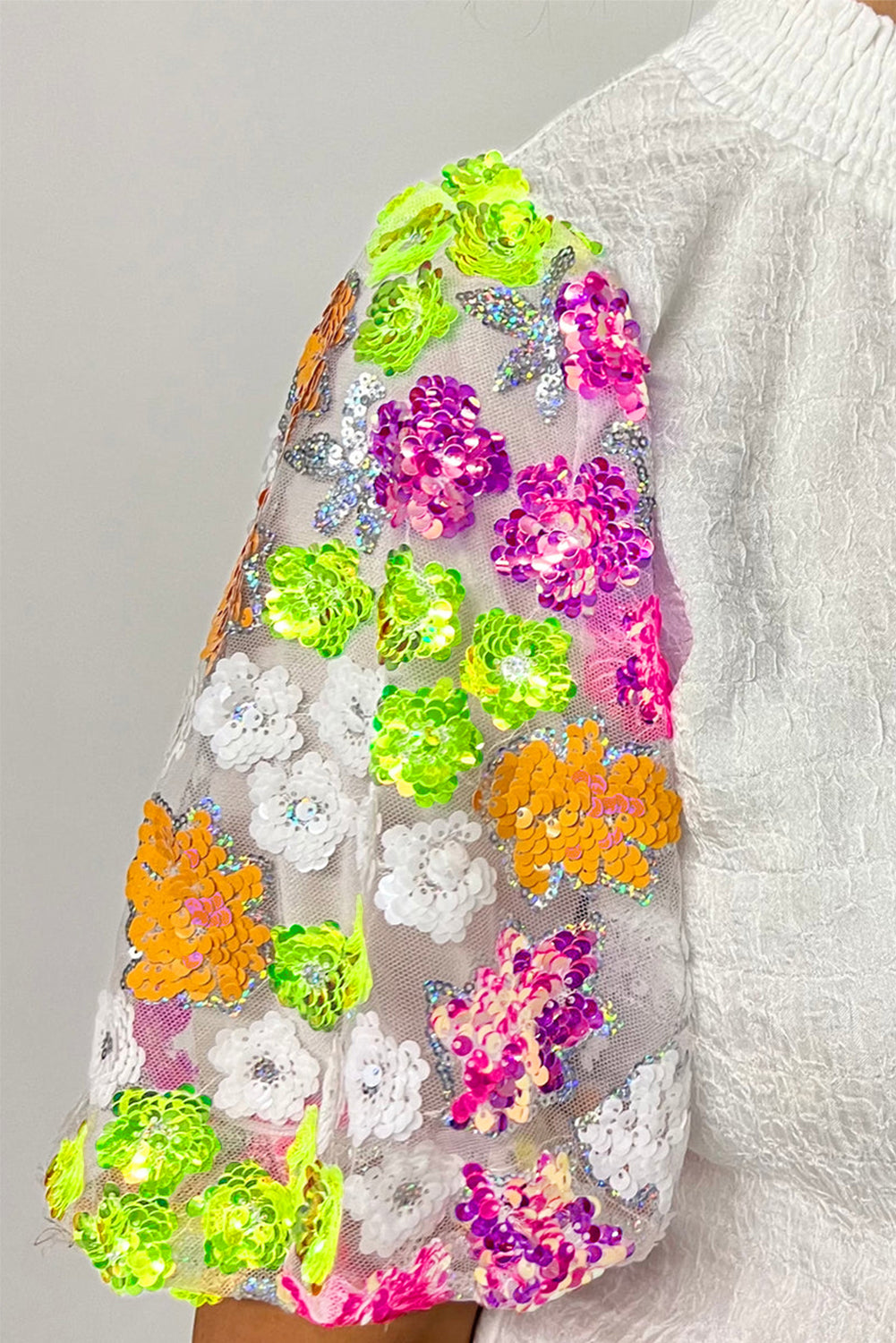 White Smocked Collar Sequin Flower Puff Sleeve Textured Top-Tops/Tops & Tees-[Adult]-[Female]-2022 Online Blue Zone Planet