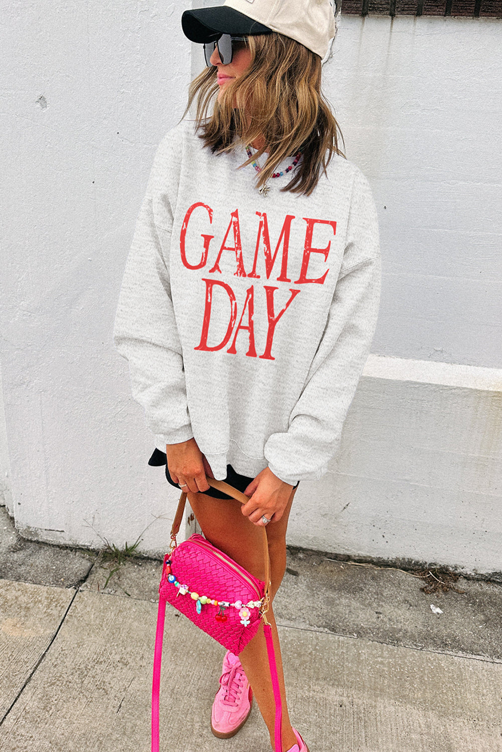Red Vintage Washed Game Day Graphic Baggy Sweatshirt-Tops/Sweatshirts & Hoodies-[Adult]-[Female]-2022 Online Blue Zone Planet