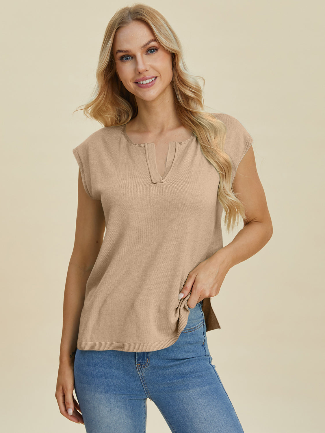 Double Take Full Size Notched Cap Sleeve Knit Top-TOPS / DRESSES-[Adult]-[Female]-Dust Storm-S-2022 Online Blue Zone Planet