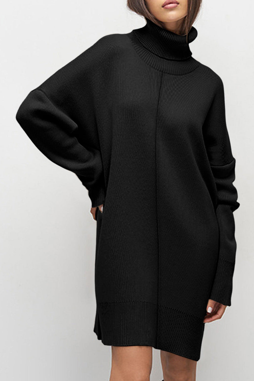 Black Solid Color Turtleneck Drop Shoulder Loose Sweater Dress-TOPS / DRESSES-[Adult]-[Female]-Black-S-2022 Online Blue Zone Planet