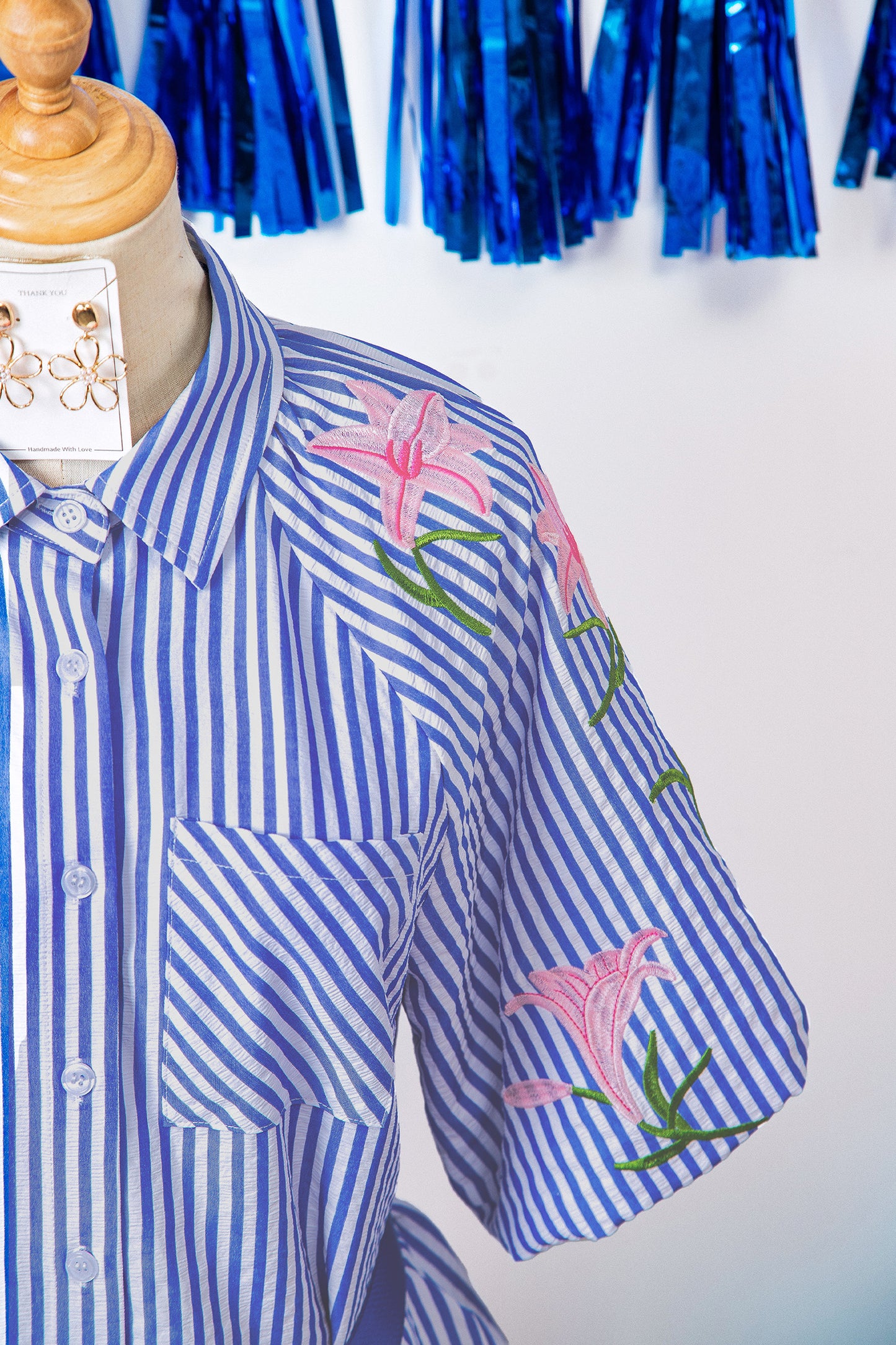 Sky Blue Stripe Lily Floral Embroidered Puff Sleeve Button Down Shirt-Tops/Blouses & Shirts-[Adult]-[Female]-2022 Online Blue Zone Planet