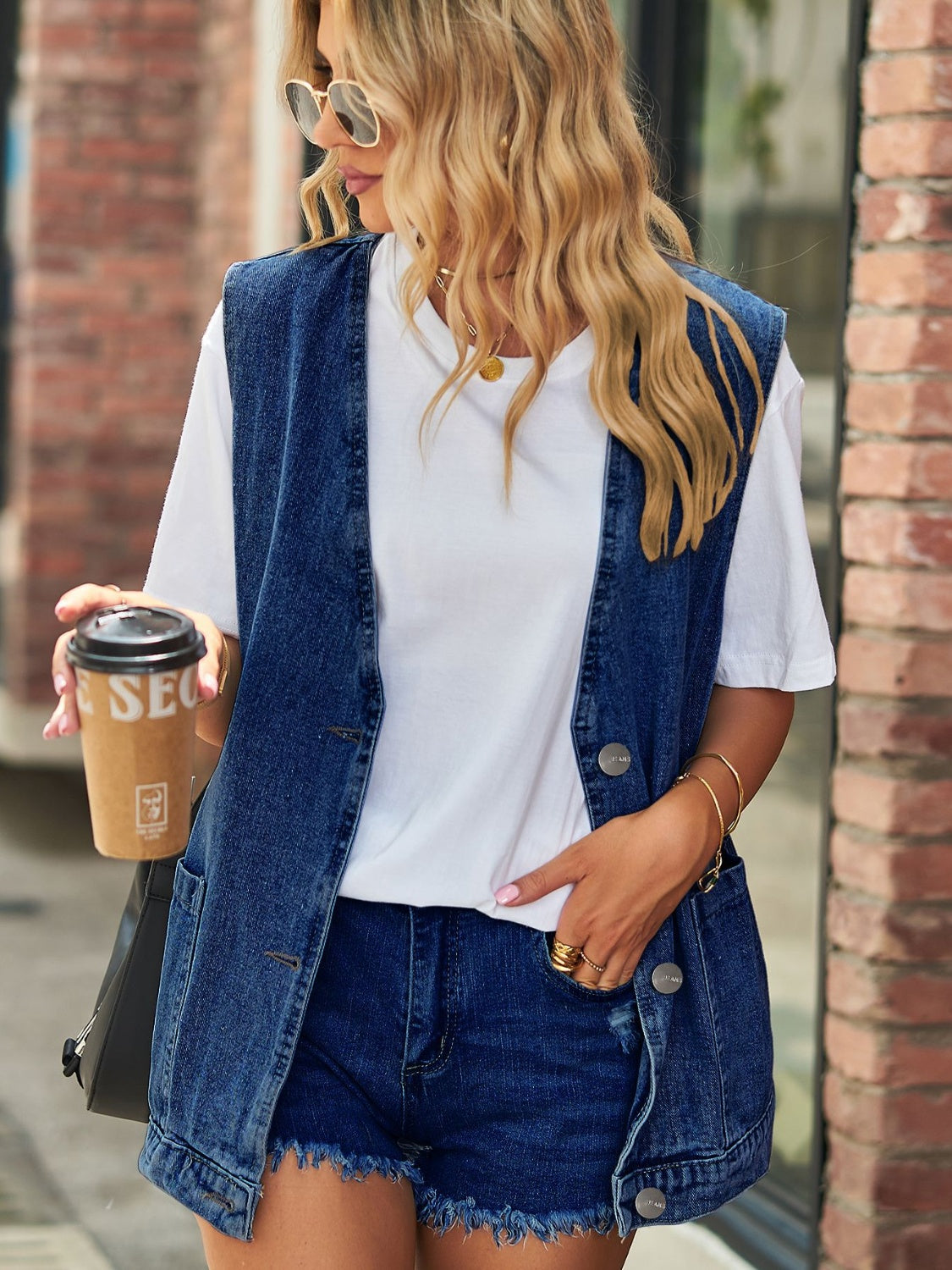 Full Size V-Neck Button Up Denim Vest-TOPS / DRESSES-[Adult]-[Female]-2022 Online Blue Zone Planet
