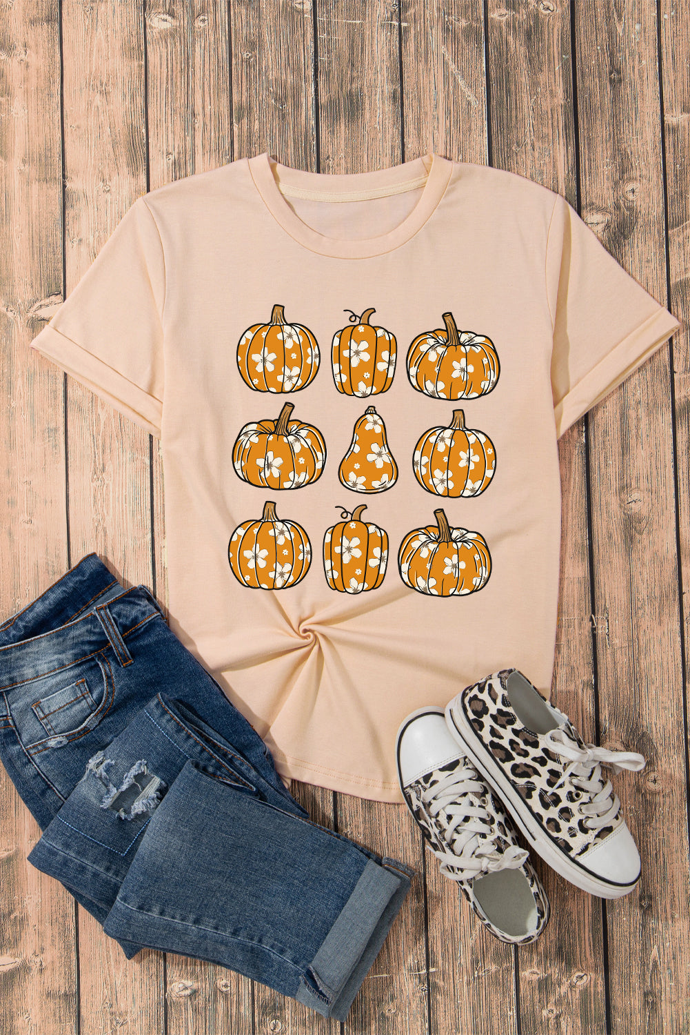 Khaki Floral Pumpkin Print Casual T Shirt-Graphic/Graphic Tees-[Adult]-[Female]-2022 Online Blue Zone Planet