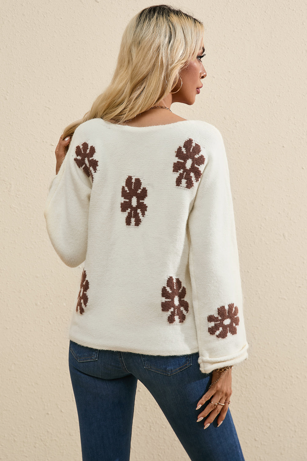 White Colorblock Floral Pattern Round Neck Sweater-Sweaters & Cardigans/Sweaters-[Adult]-[Female]-2022 Online Blue Zone Planet