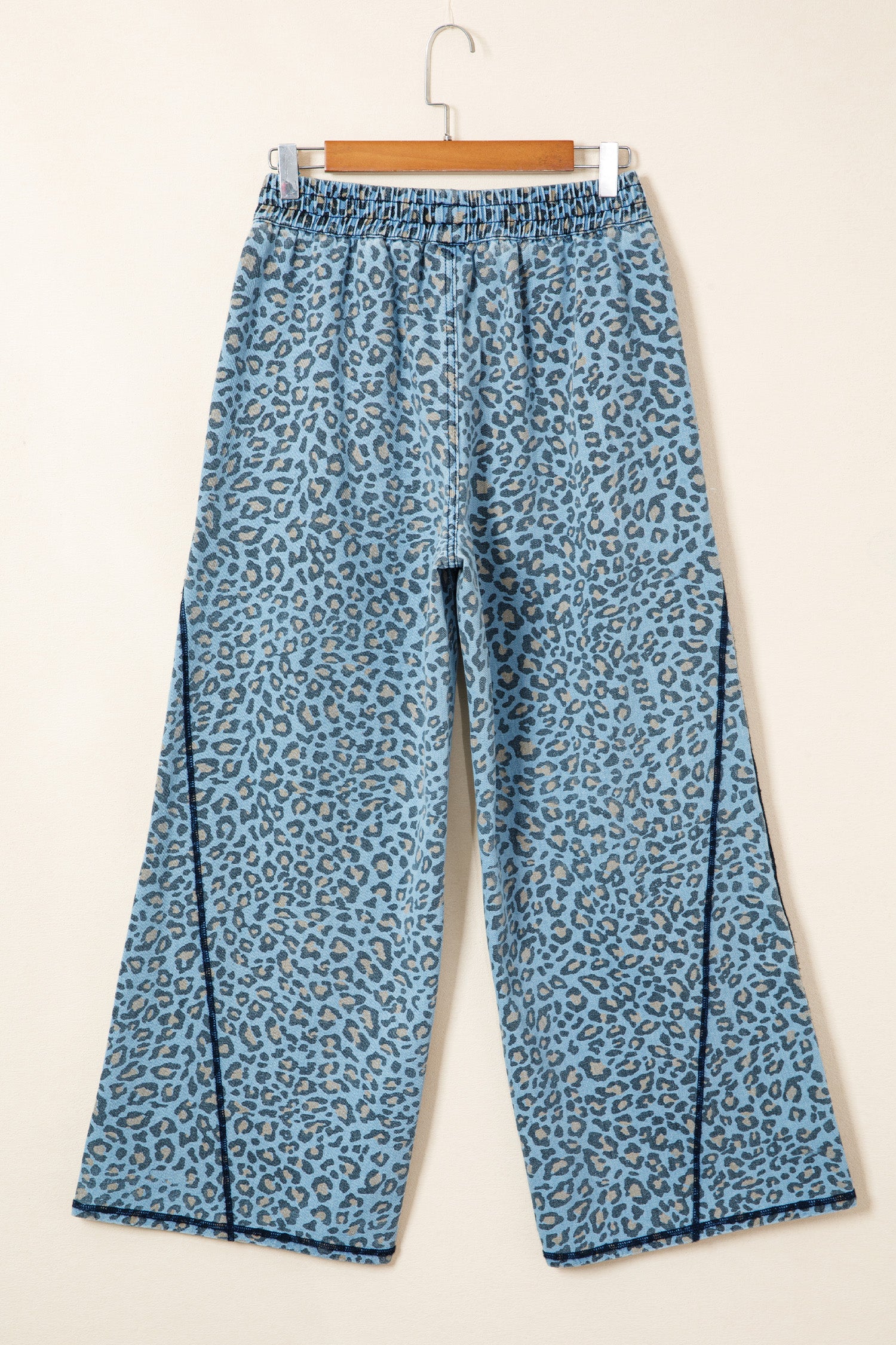 Blue Leopard Print Exposed Seam Detail Wide Leg Drawstring Jeans-Bottoms/Jeans-[Adult]-[Female]-2022 Online Blue Zone Planet