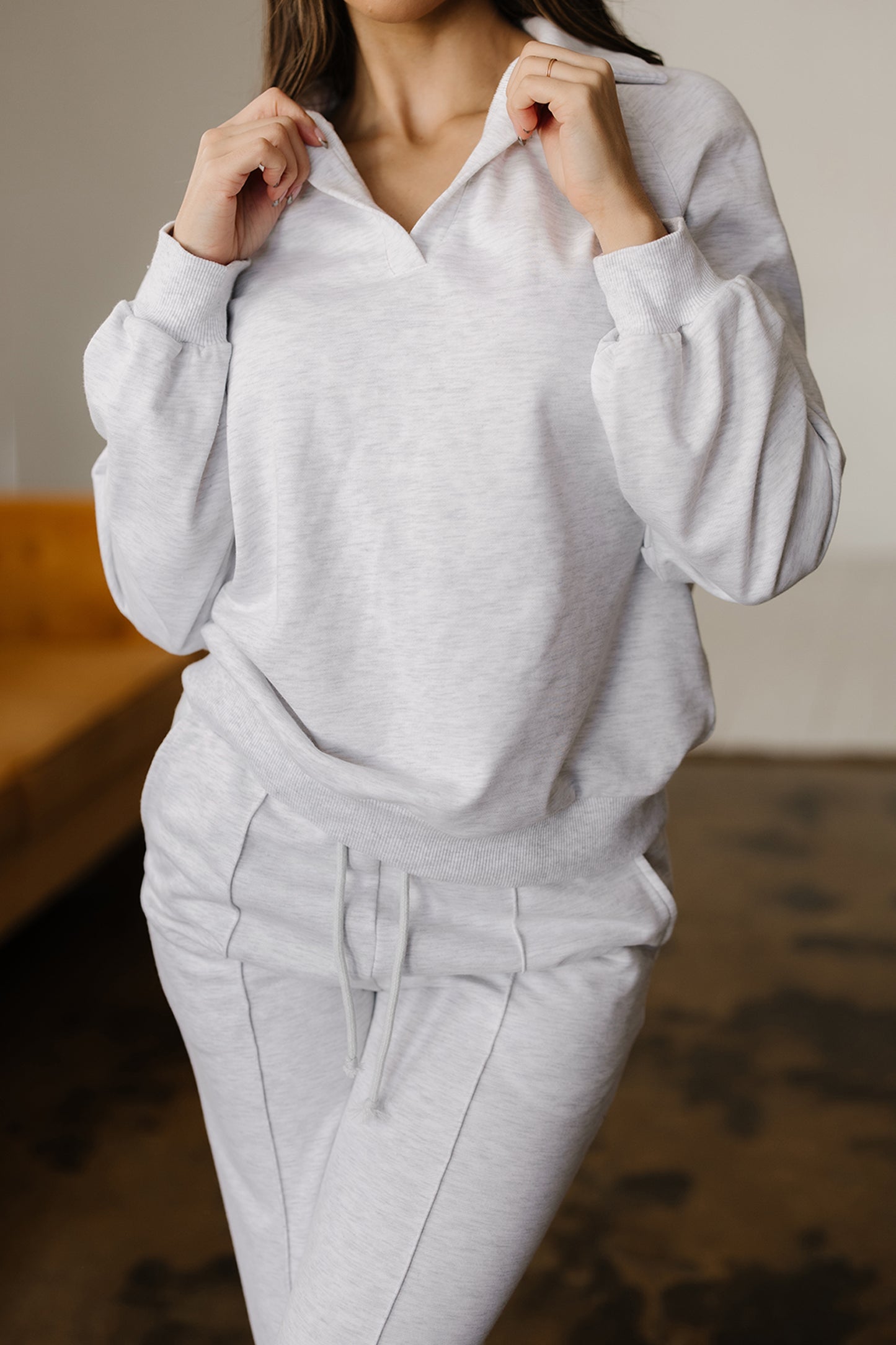 Dark Khaki Polo Collar V Neck Pullover and Drawstring Sweatpants Set-Two Piece Sets/Pant Sets-[Adult]-[Female]-2022 Online Blue Zone Planet