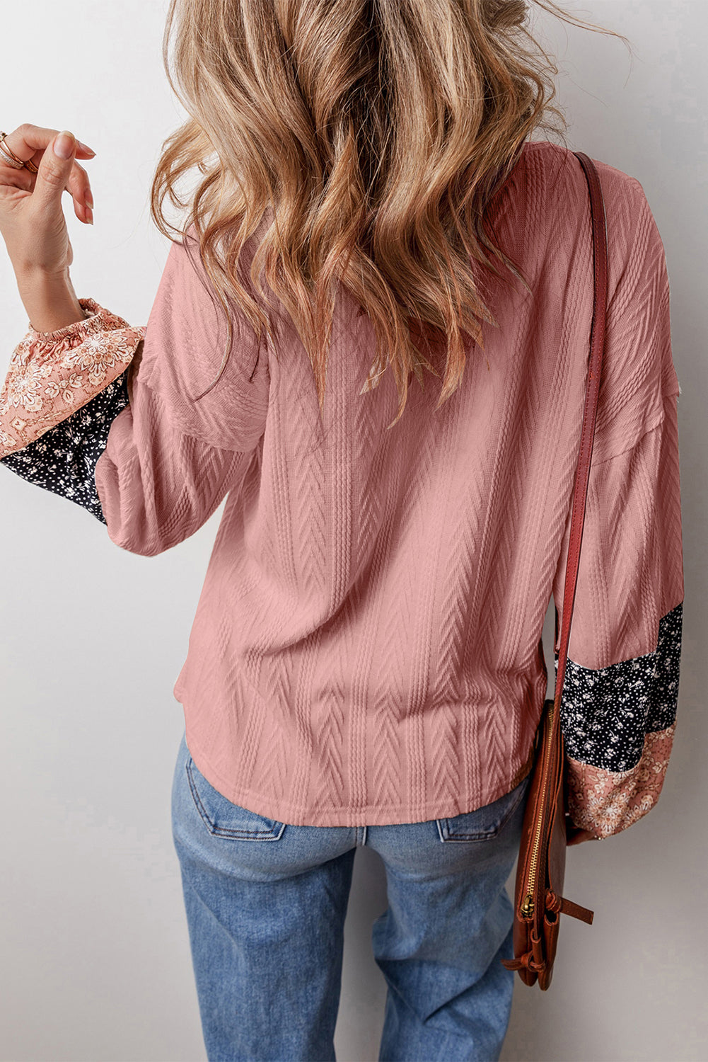 Dusty Pink Floral Patchwork Textured Knit Drawstring V Neck Blouse-Tops/Blouses & Shirts-[Adult]-[Female]-2022 Online Blue Zone Planet