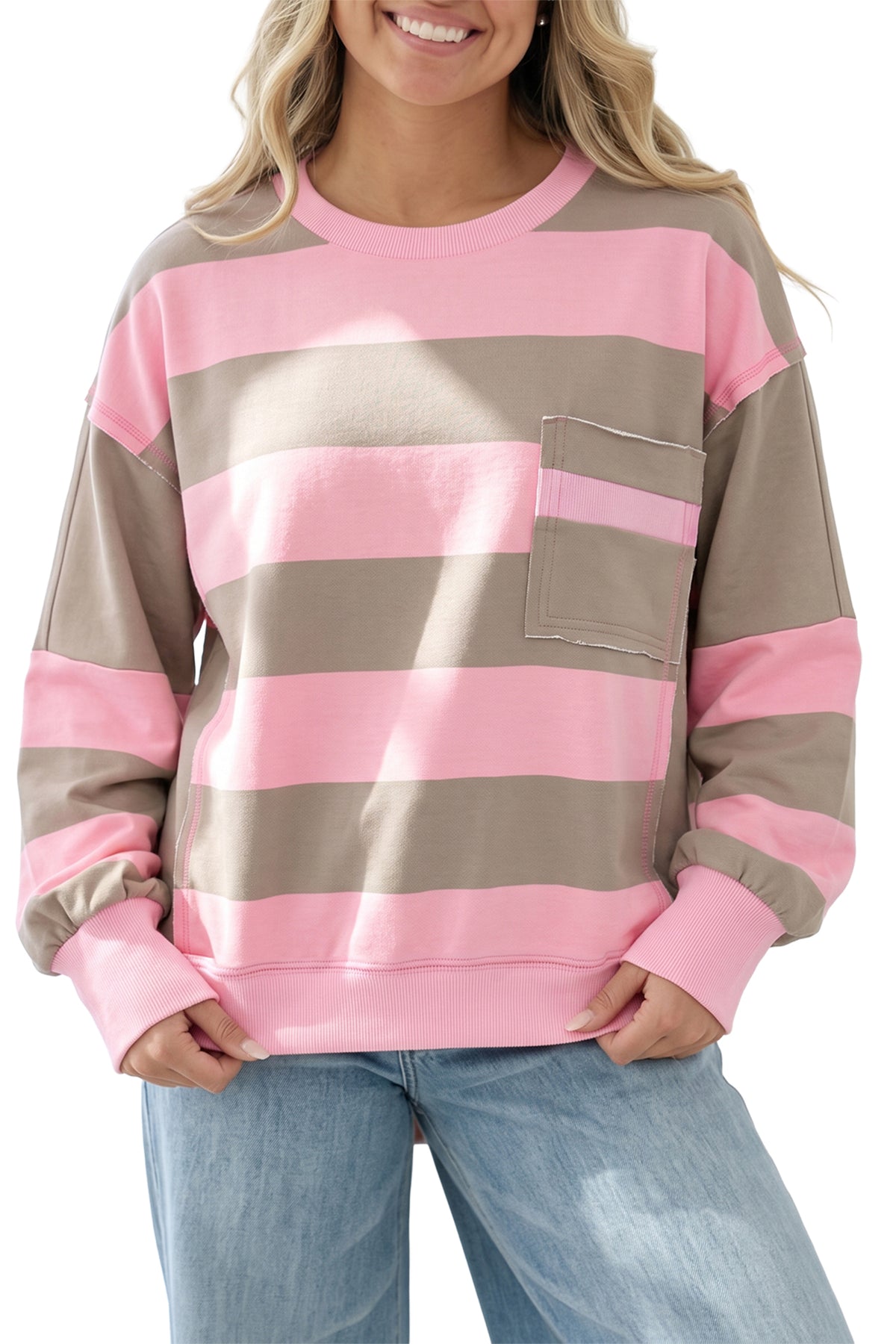 Pink Stripe Raw Seam Patchwork Drop Shoulder Plus Size Sweatshirt