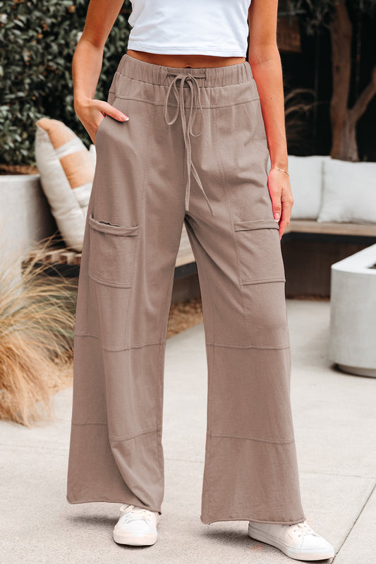 Smoke Gray Mineral Wash Exposed Seam Drawstring Elastic Waistband Wide Leg Cargo Pants-Bottoms/Pants & Culotte-[Adult]-[Female]-Smoke Gray-S-2022 Online Blue Zone Planet