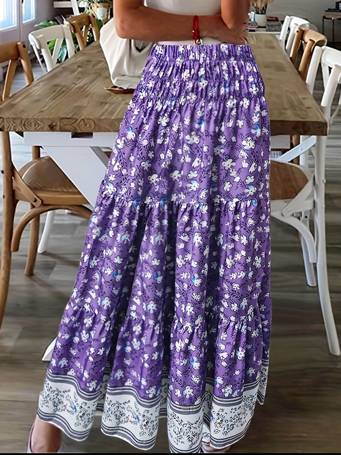 Full Size Tiered Printed Elastic Waist Skirt-BOTTOMS SIZES SMALL MEDIUM LARGE-[Adult]-[Female]-2022 Online Blue Zone Planet