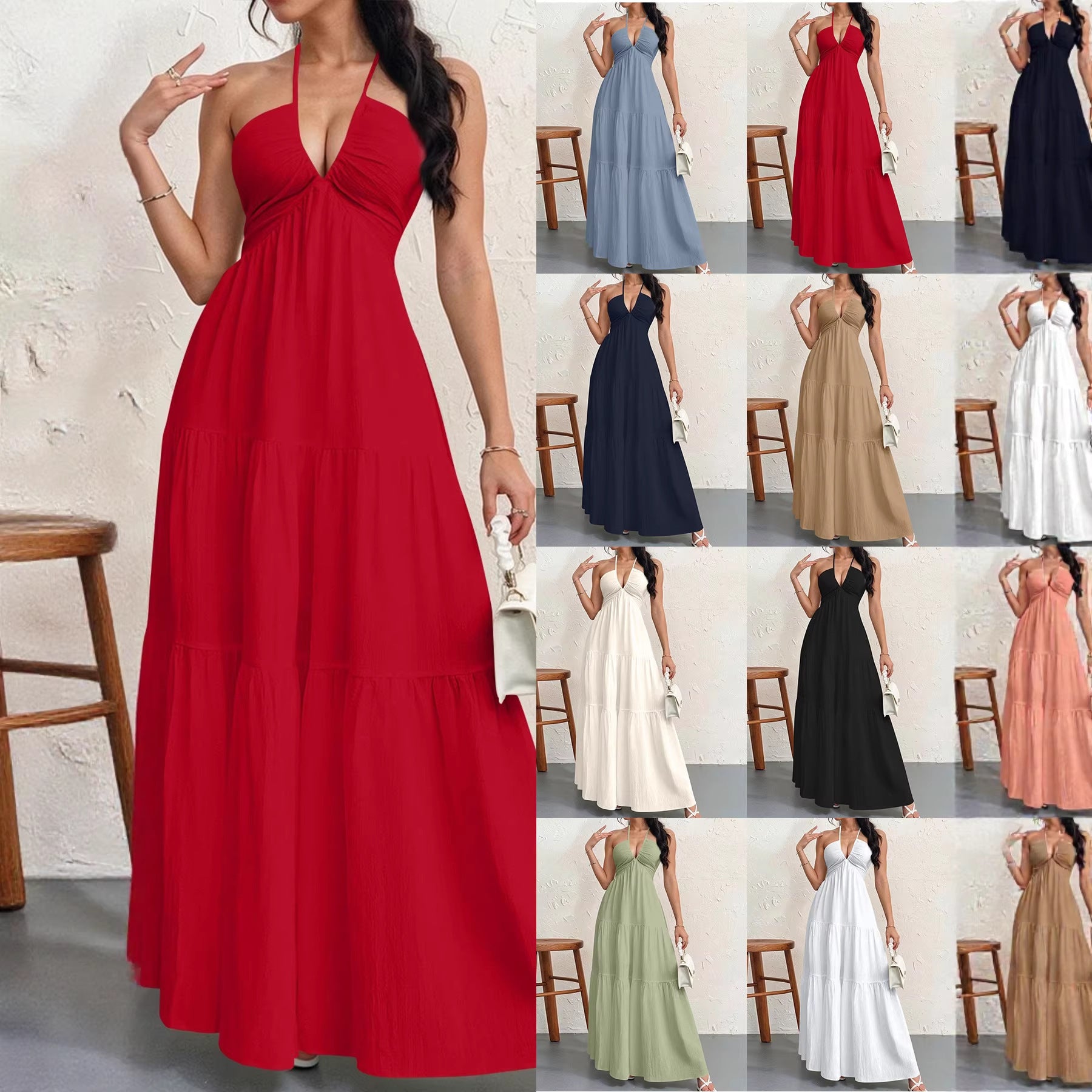 v neck pleated maxi dress Linda's Backless Halterneck V-Neck Pleated A-Line Maxi Dress – Blue Zone  Planet