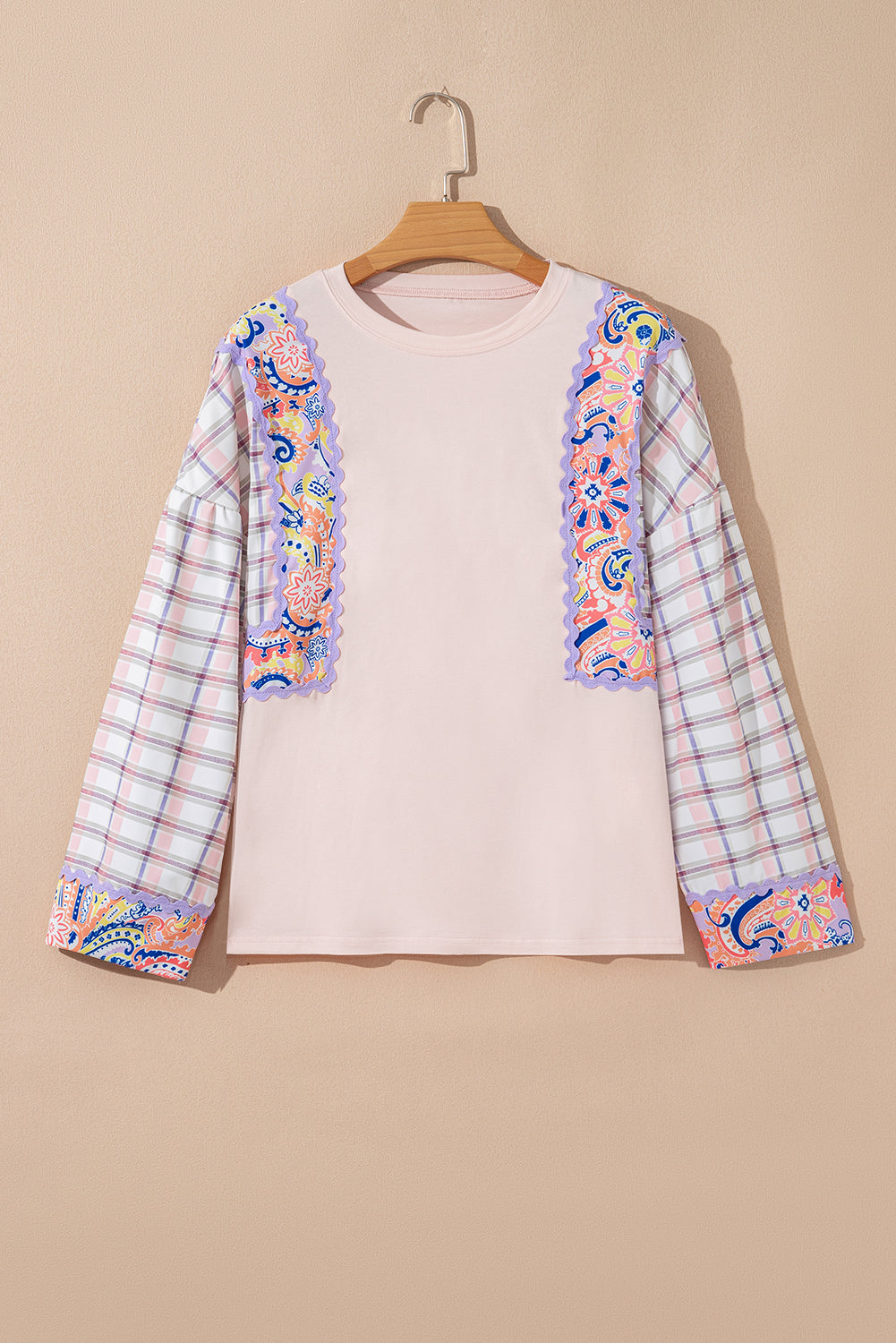 Delicacy Ricrac Trim Floral Plaid Patchwork Puff Sleeve Blouse-Tops/Blouses & Shirts-[Adult]-[Female]-2022 Online Blue Zone Planet