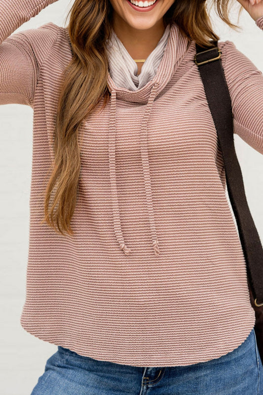 Pale Chestnut Horizontal Twist Ribbed Drawstring Cowl Neck Knit Top-Tops/Long Sleeve Tops-[Adult]-[Female]-Pale Chestnut-S-2022 Online Blue Zone Planet