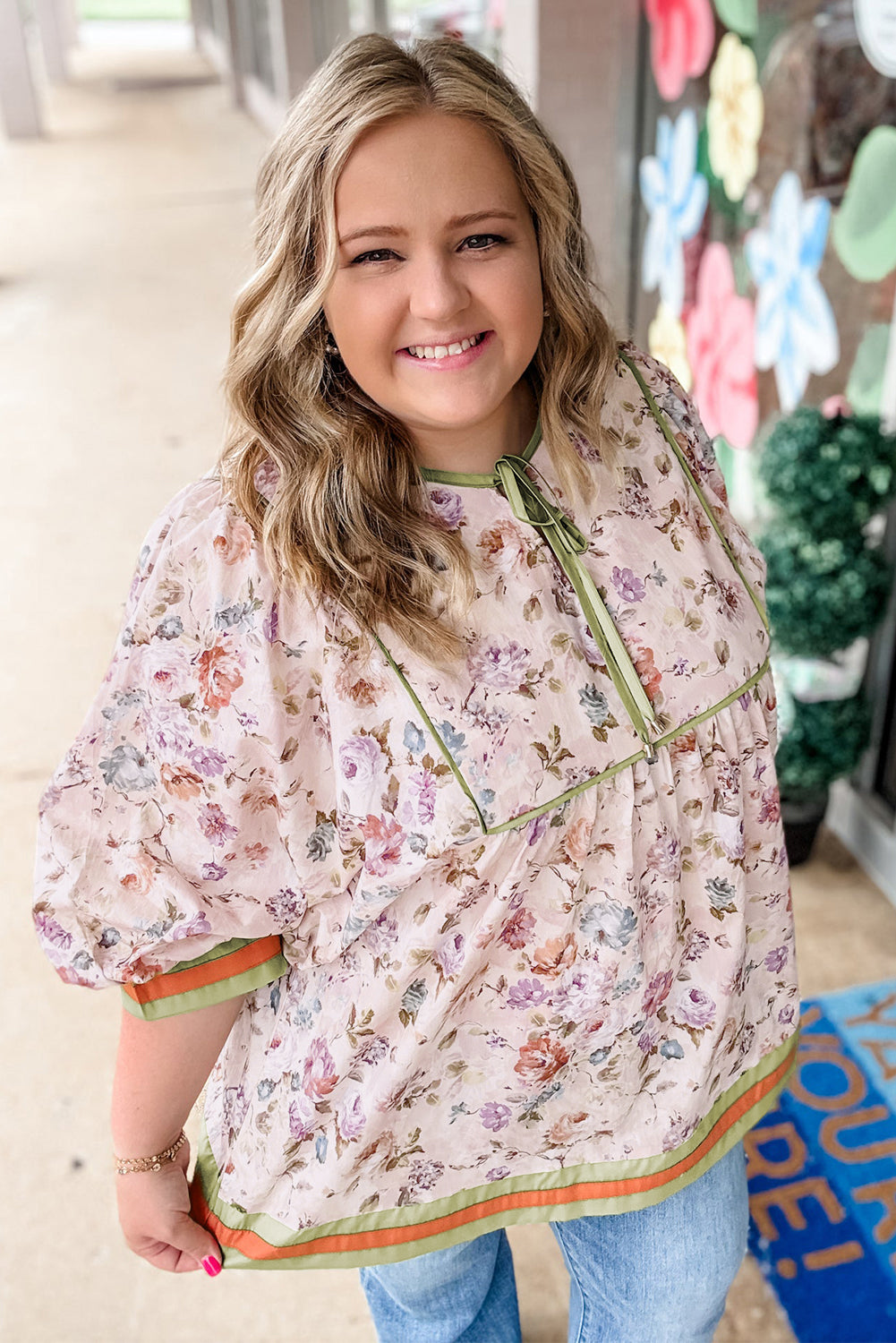 Black Plus Size Floral Print Contrast Trim Striped Detail Babydoll Blouse-Plus Size/Plus Size Tops/Plus Size Blouses & Shirts-[Adult]-[Female]-2022 Online Blue Zone Planet