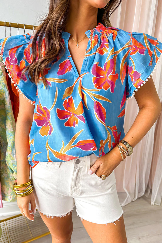 Sky Blue Floral Print V Neck Pompom Trim Flutter Sleeve Blouse-Tops/Blouses & Shirts-[Adult]-[Female]-Sky Blue-S-2022 Online Blue Zone Planet
