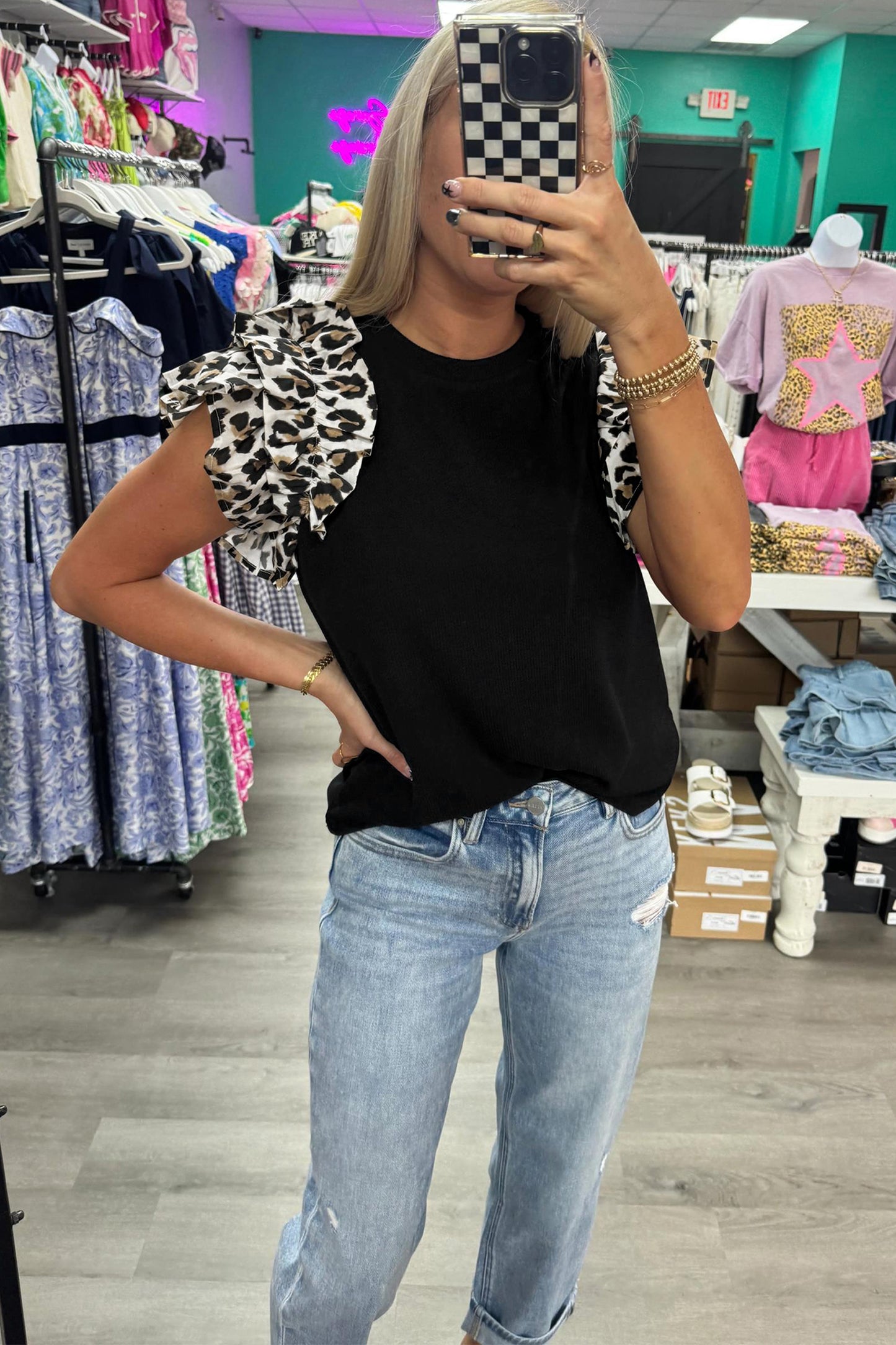 Black Contrast Leopard Ruffled Short Sleeve Ribbed Knit Top-Tops/Blouses & Shirts-[Adult]-[Female]-2022 Online Blue Zone Planet
