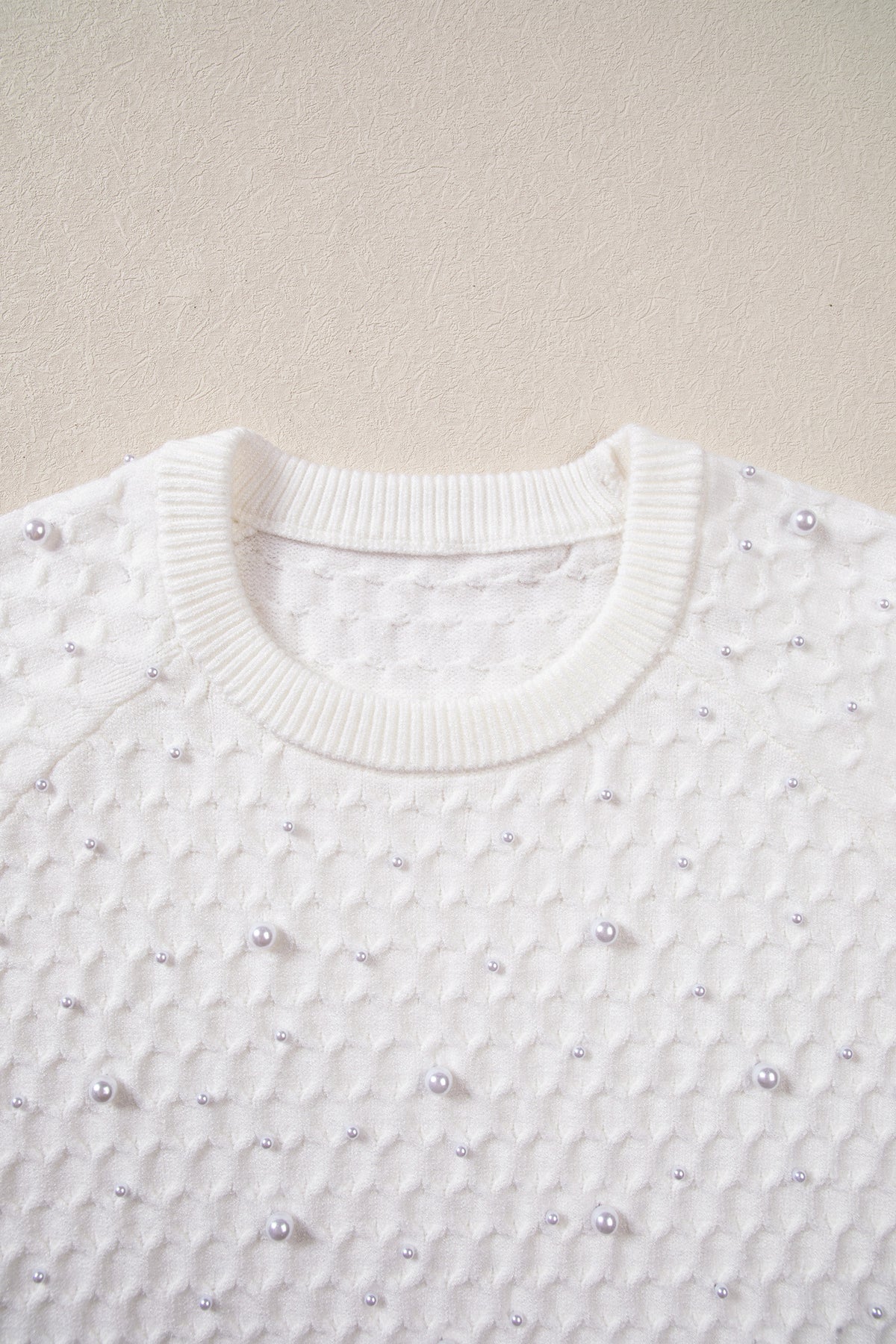 White Solid Textured Knit Pearl Embellished Pullover Sweater-TOPS / DRESSES-[Adult]-[Female]-2022 Online Blue Zone Planet