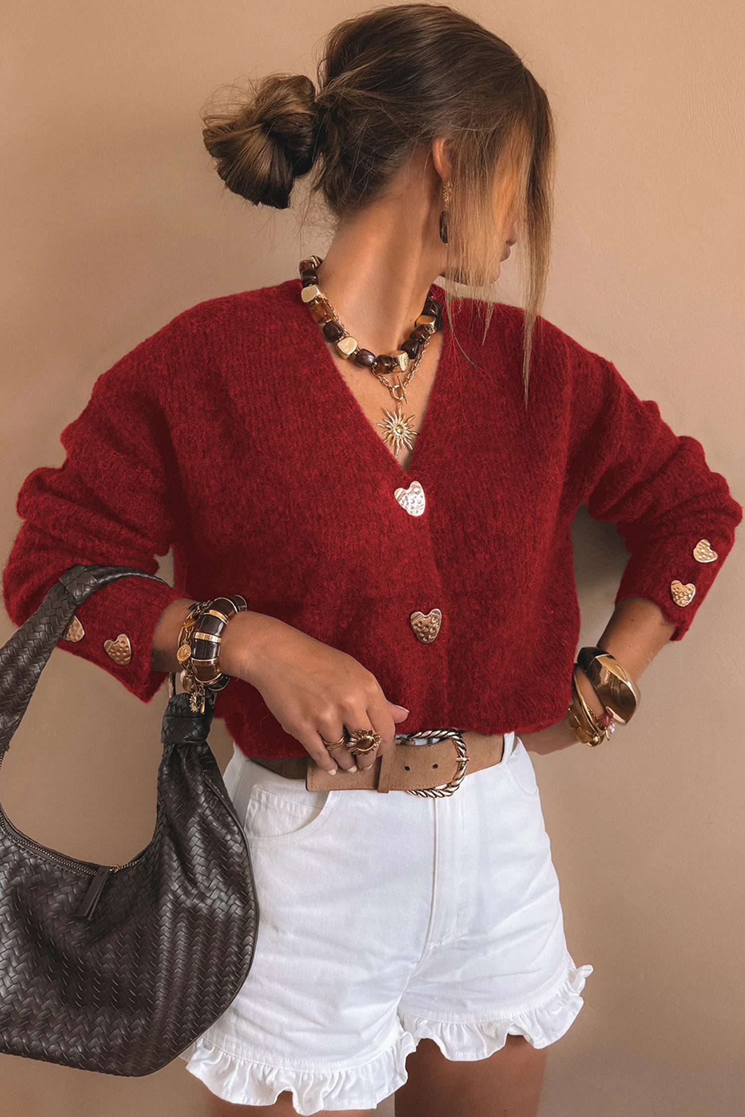 Fiery Red Heart Metal Button V Neck Cardigan Sweater-TOPS / DRESSES-[Adult]-[Female]-2022 Online Blue Zone Planet