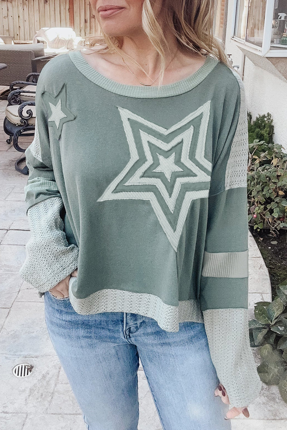 Blue Zone Planet | Mist Green Stars Patchwork Round Neck Plus Size T Shirt-TOPS / DRESSES-[Adult]-[Female]-2022 Online Blue Zone Planet