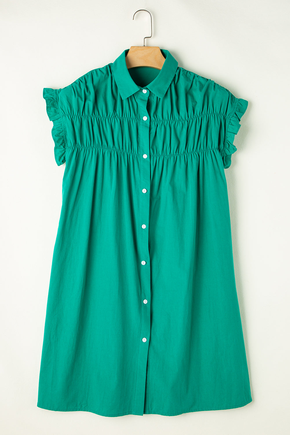 Blue Zone Planet | Bright Green Shirred Ruffle Sleeve Button Up Short Dress-TOPS / DRESSES-[Adult]-[Female]-2022 Online Blue Zone Planet