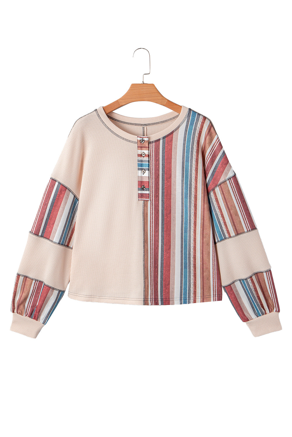 Beige Striped Waffle Patchwork Exposed Seam Raw Edge Casual Knit Top-Tops/Blouses & Shirts-[Adult]-[Female]-2022 Online Blue Zone Planet