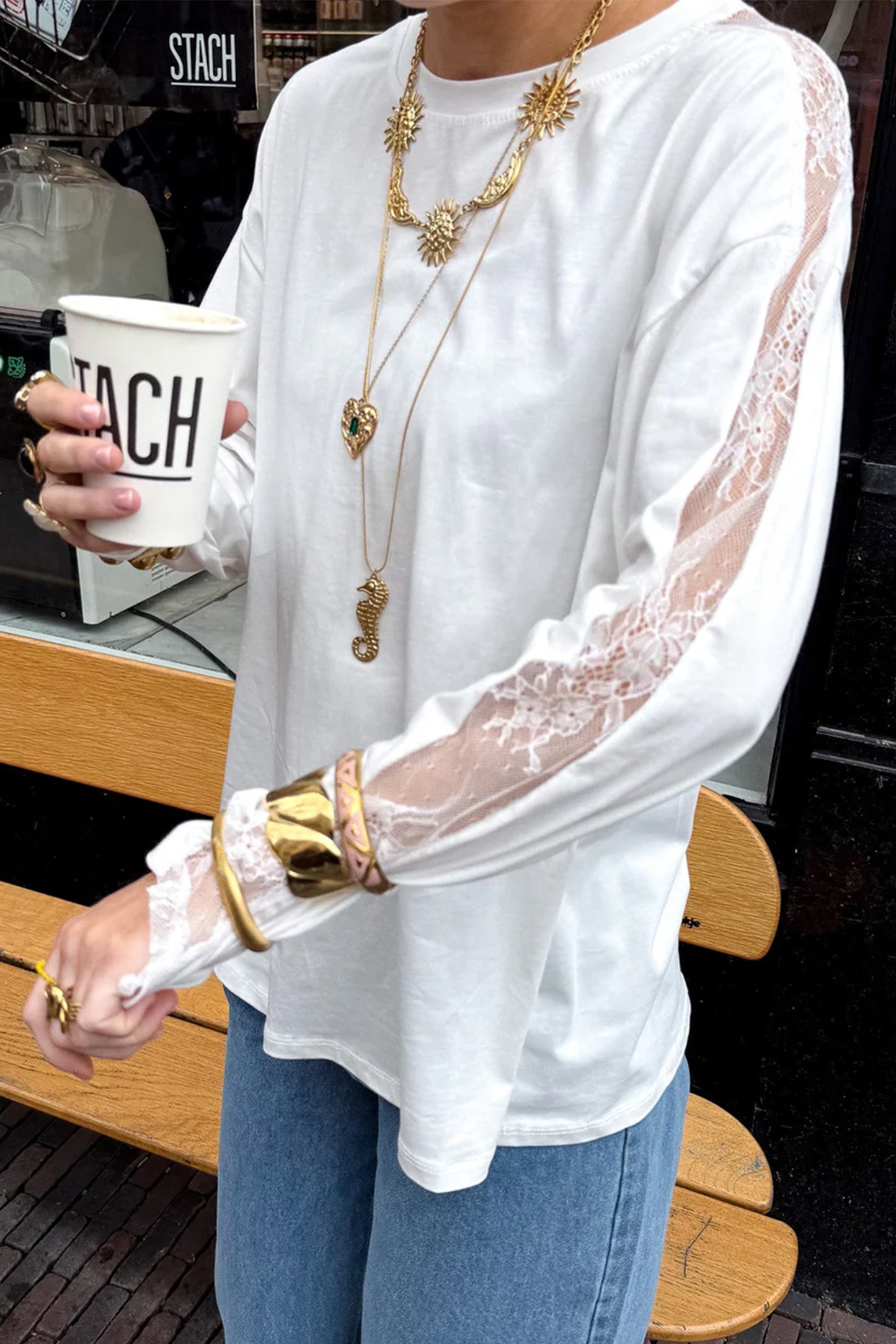White Sheer Lace Splicing Long Sleeve Shift Top-Tops/Long Sleeve Tops-[Adult]-[Female]-2022 Online Blue Zone Planet