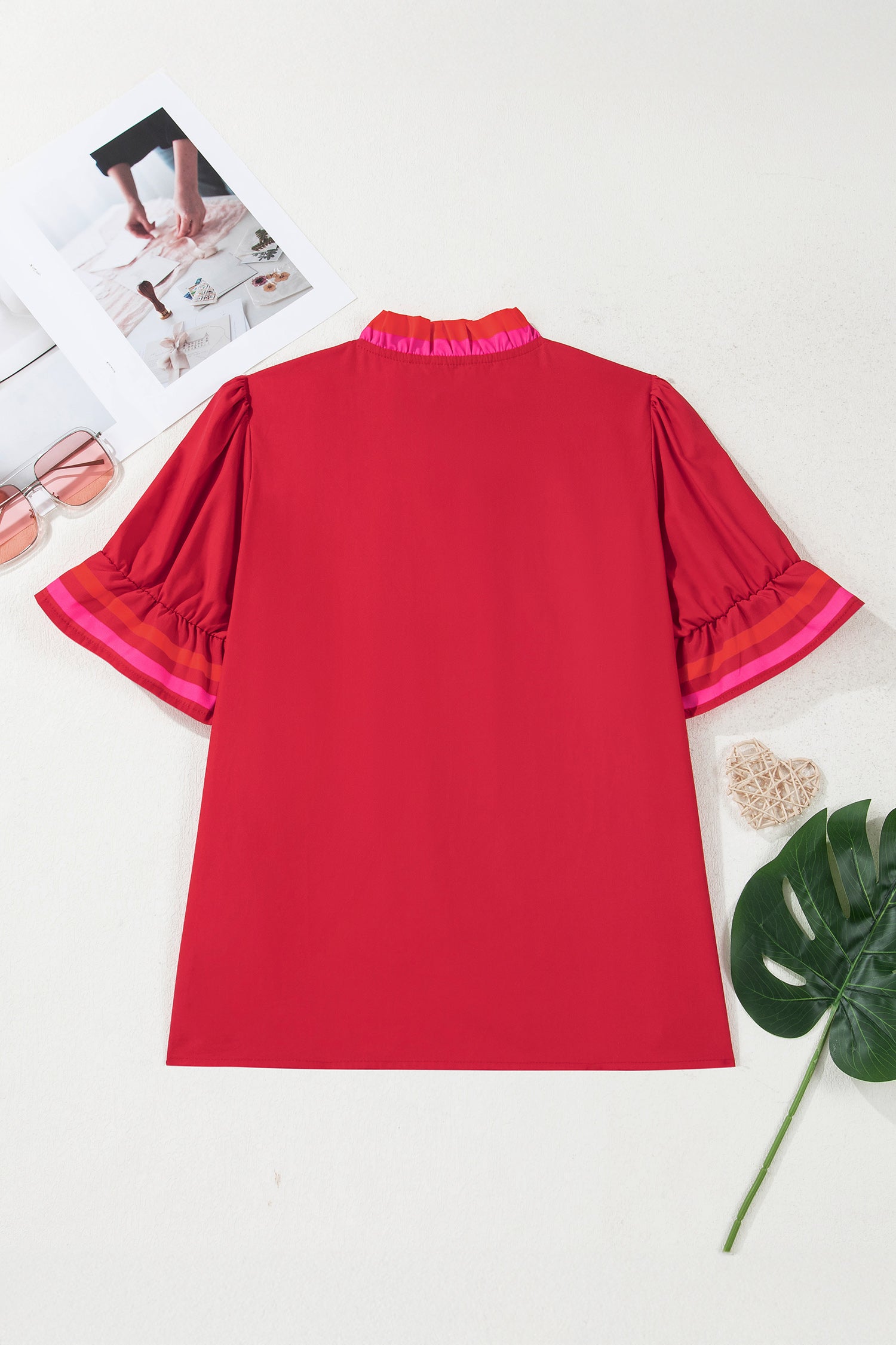 Fiery Red Striped Frilled Collar Ruffled Short Sleeve Blouse-Tops/Blouses & Shirts-[Adult]-[Female]-2022 Online Blue Zone Planet